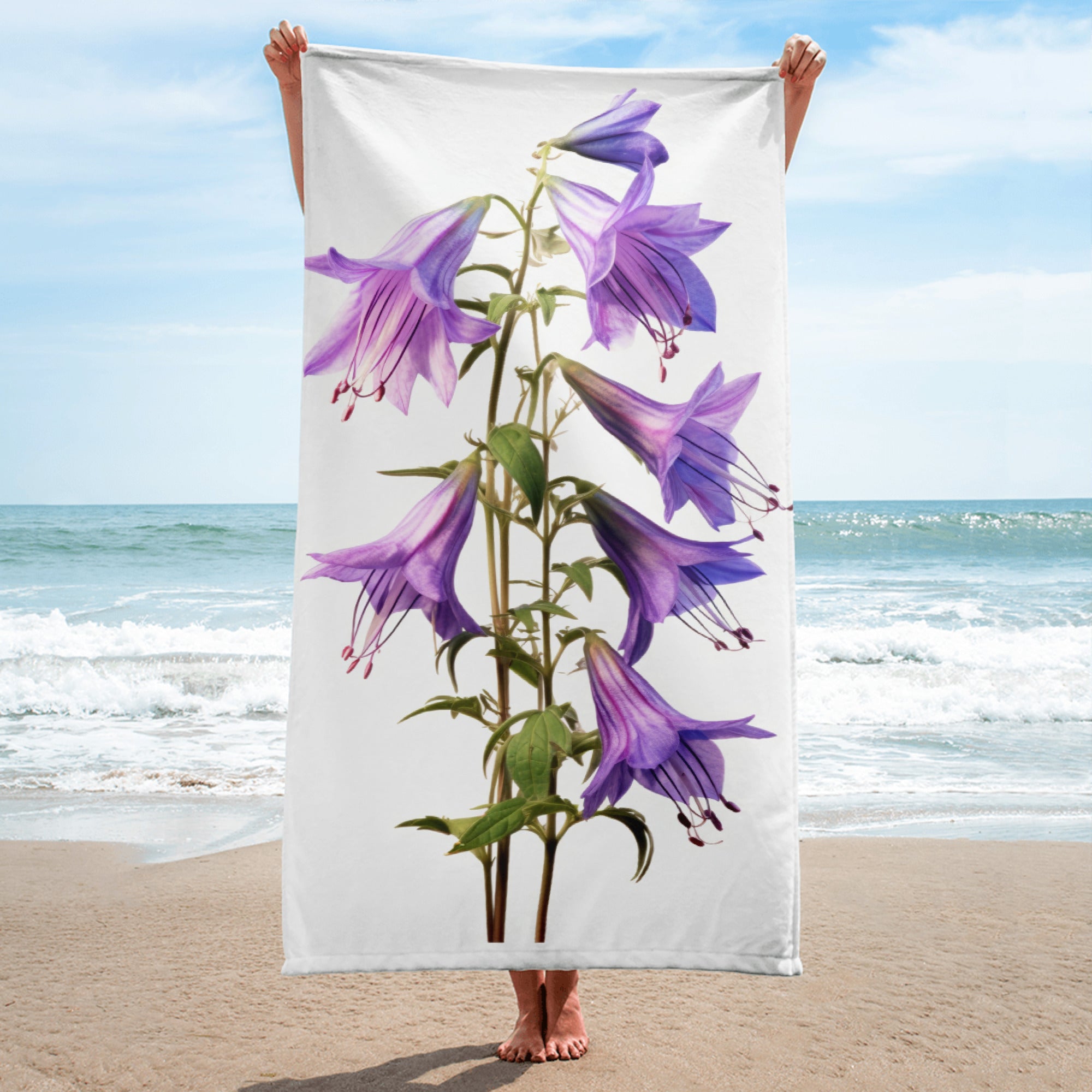 Bellflower Superba Flower Beach Towel by Visual Verse - Image 1