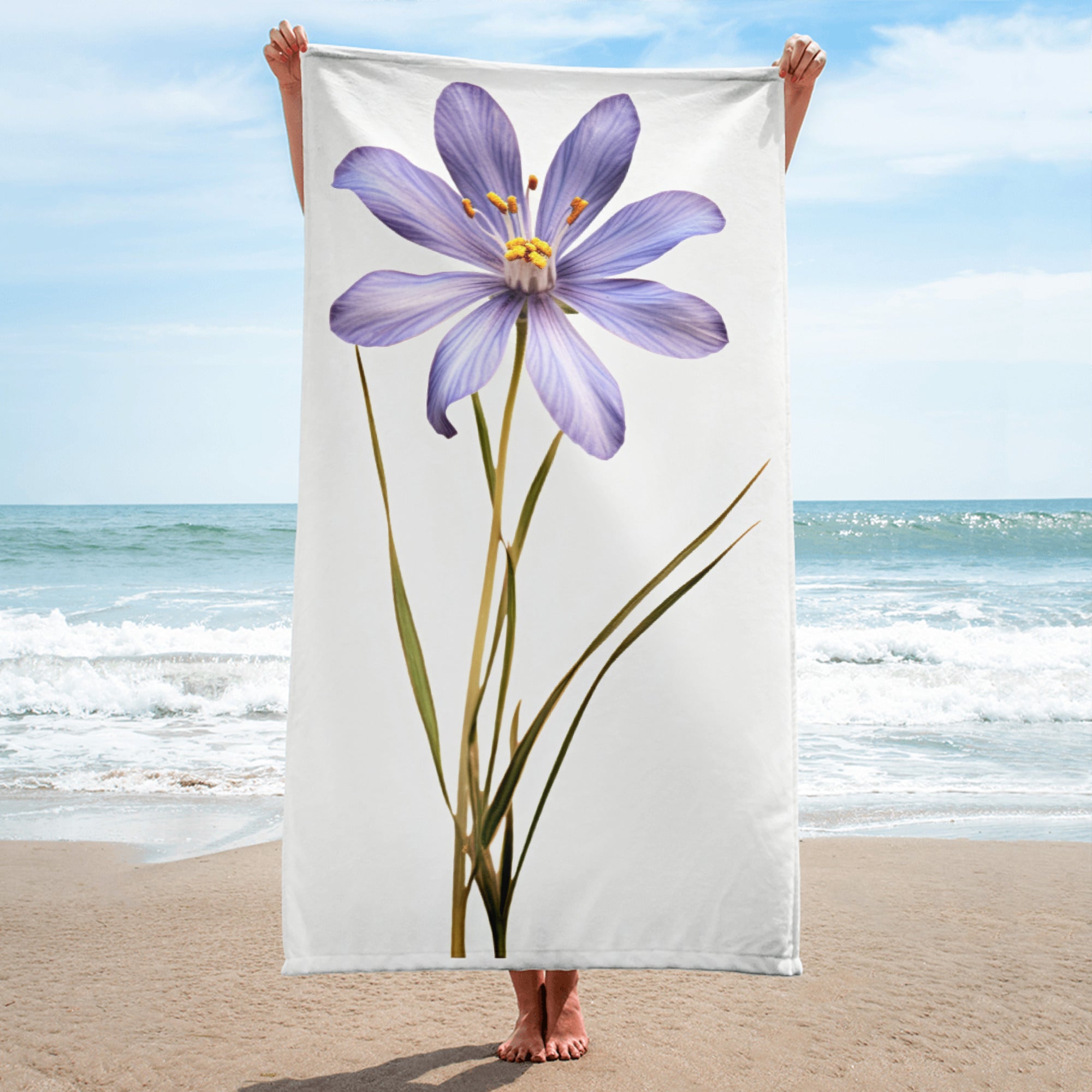 Blue-Eyed Grass Cute Flower Beach Towel by Visual Verse - Image 1
