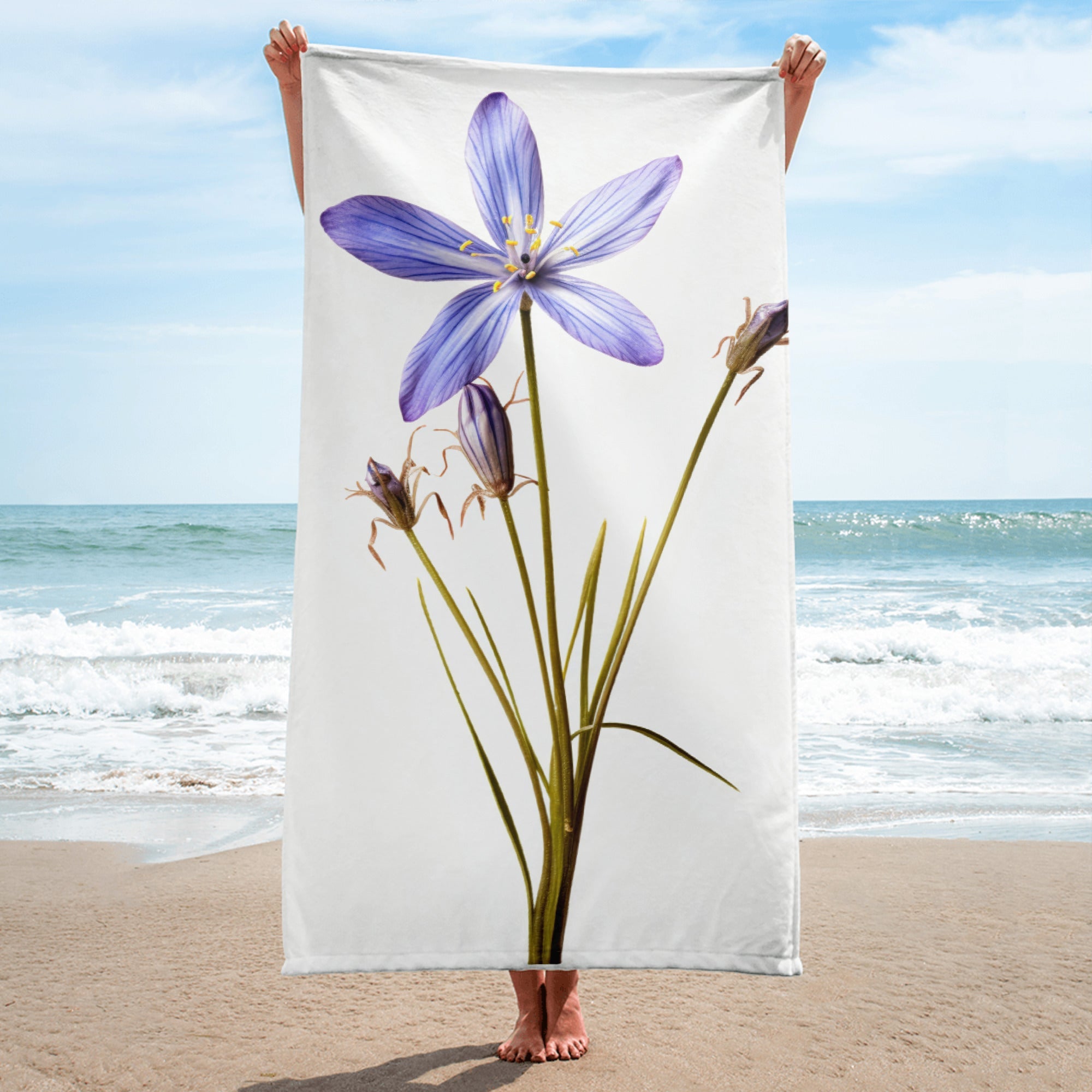 Blue-eyed Grass Growing Flower Beach Towel by Visual Verse - Image 1