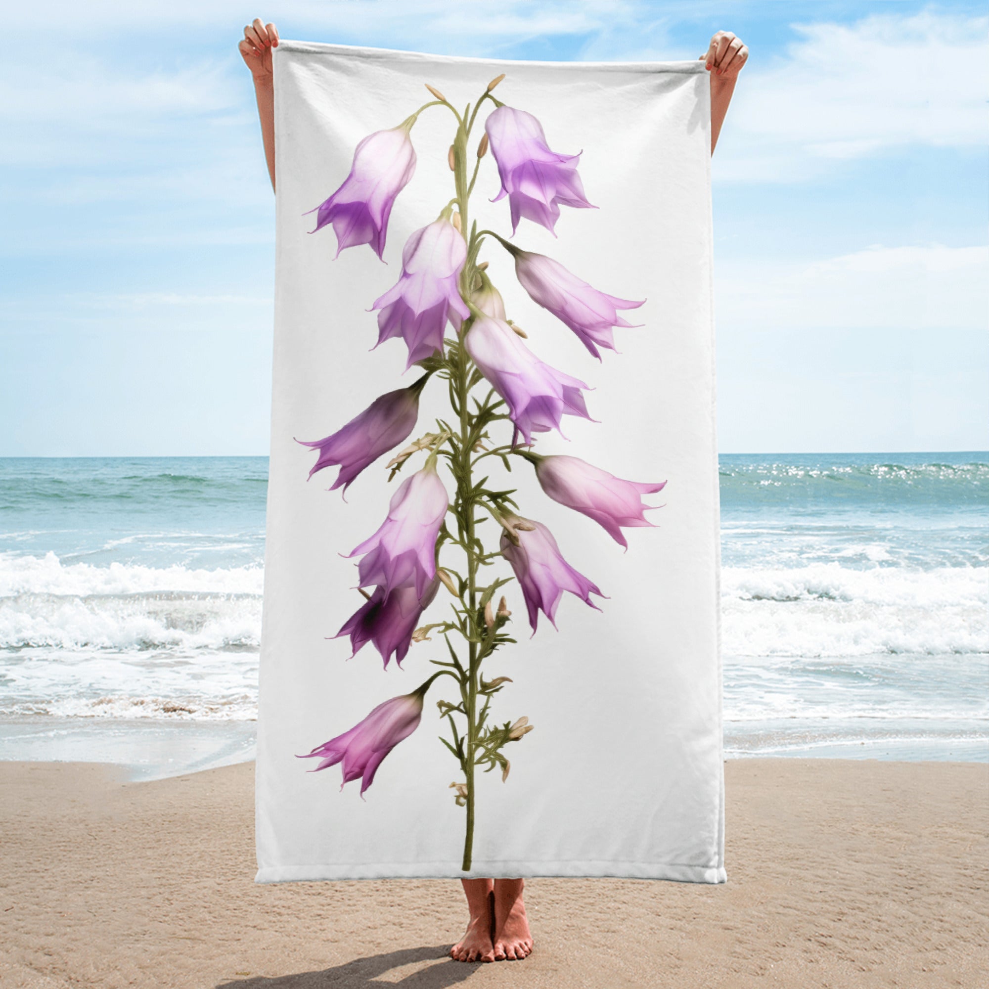 Campanula Punctata Flower Beach Towel by Visual Verse - Image 1