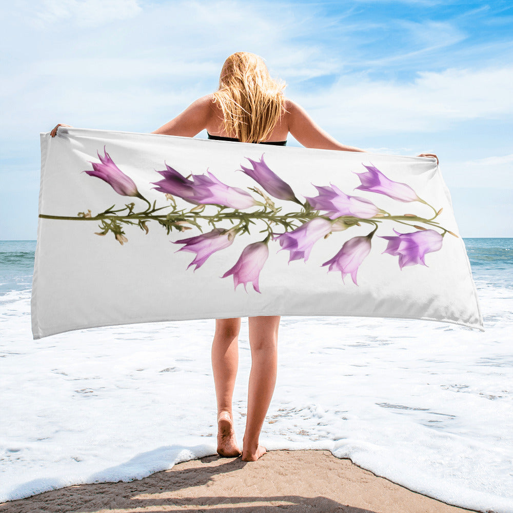 Campanula Punctata Flower Beach Towel by Visual Verse - Image 2