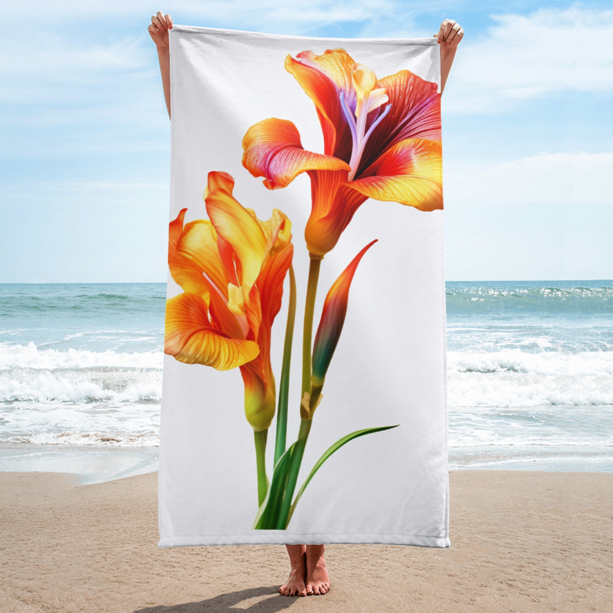 Canna Lily Flower Beach Towel by Visual Verse - Image 1