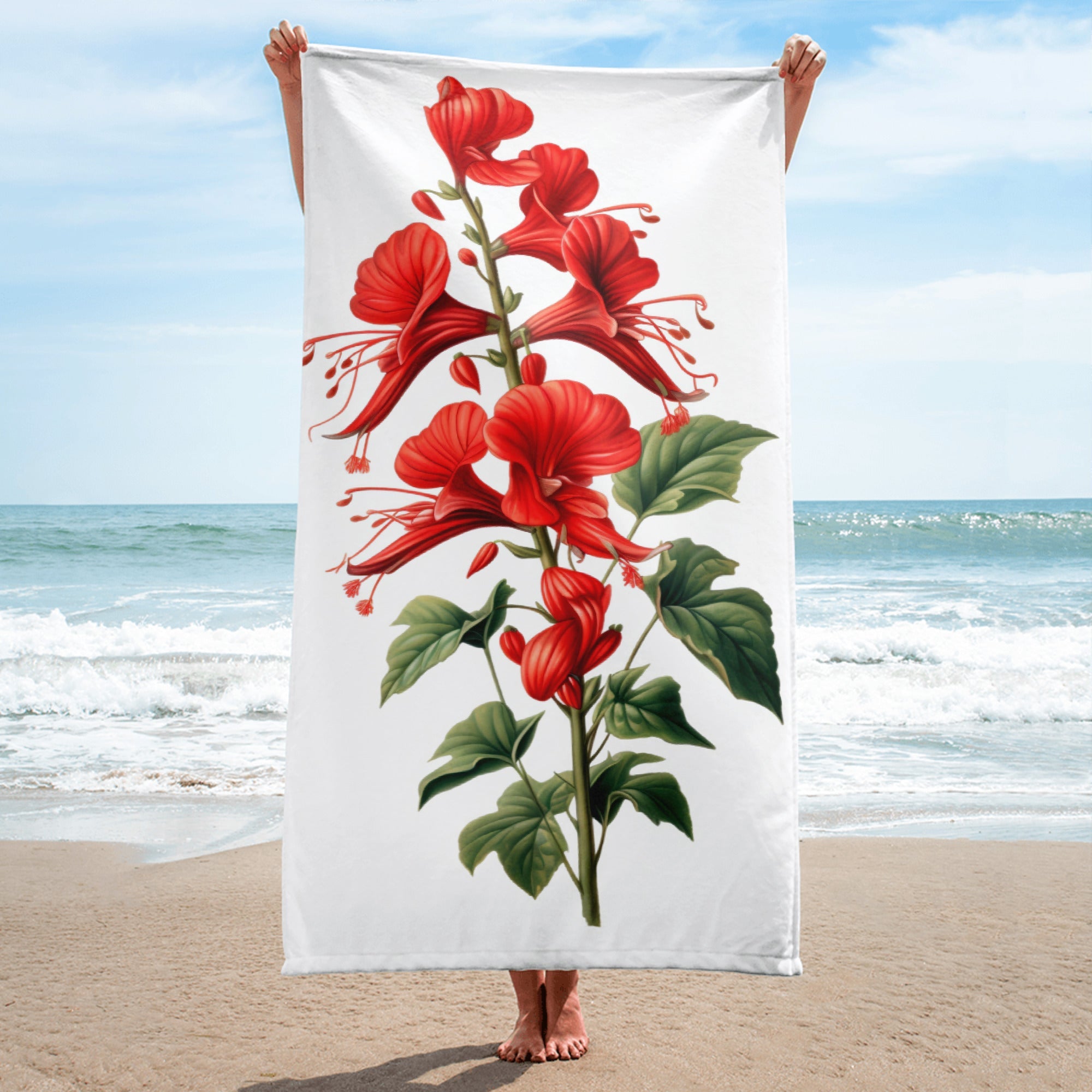 Cardinal Climber Flower Beach Towel by Visual Verse - Image 1