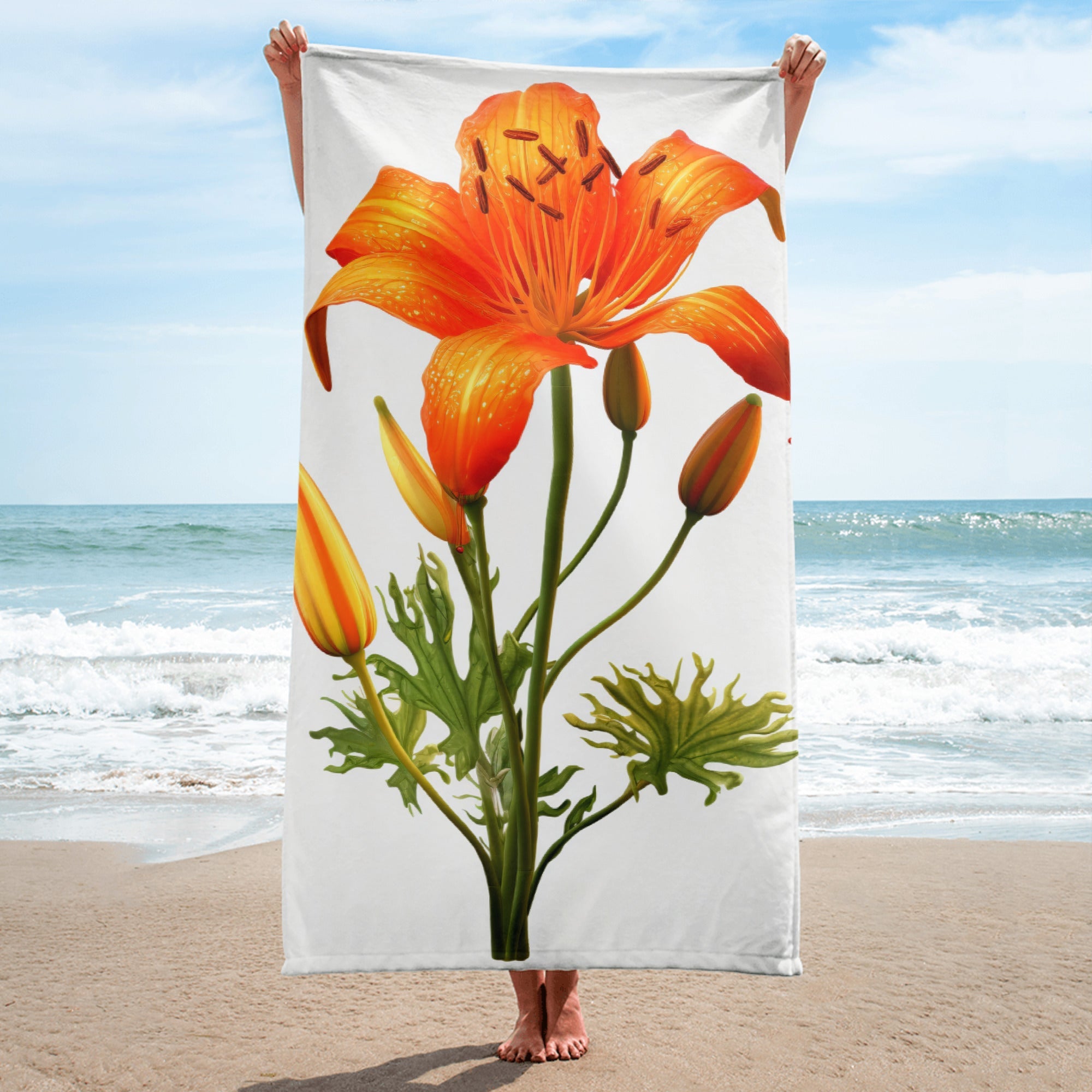 Chinese Lantern Lily Flower Beach Towel by Visual Verse - Image 1