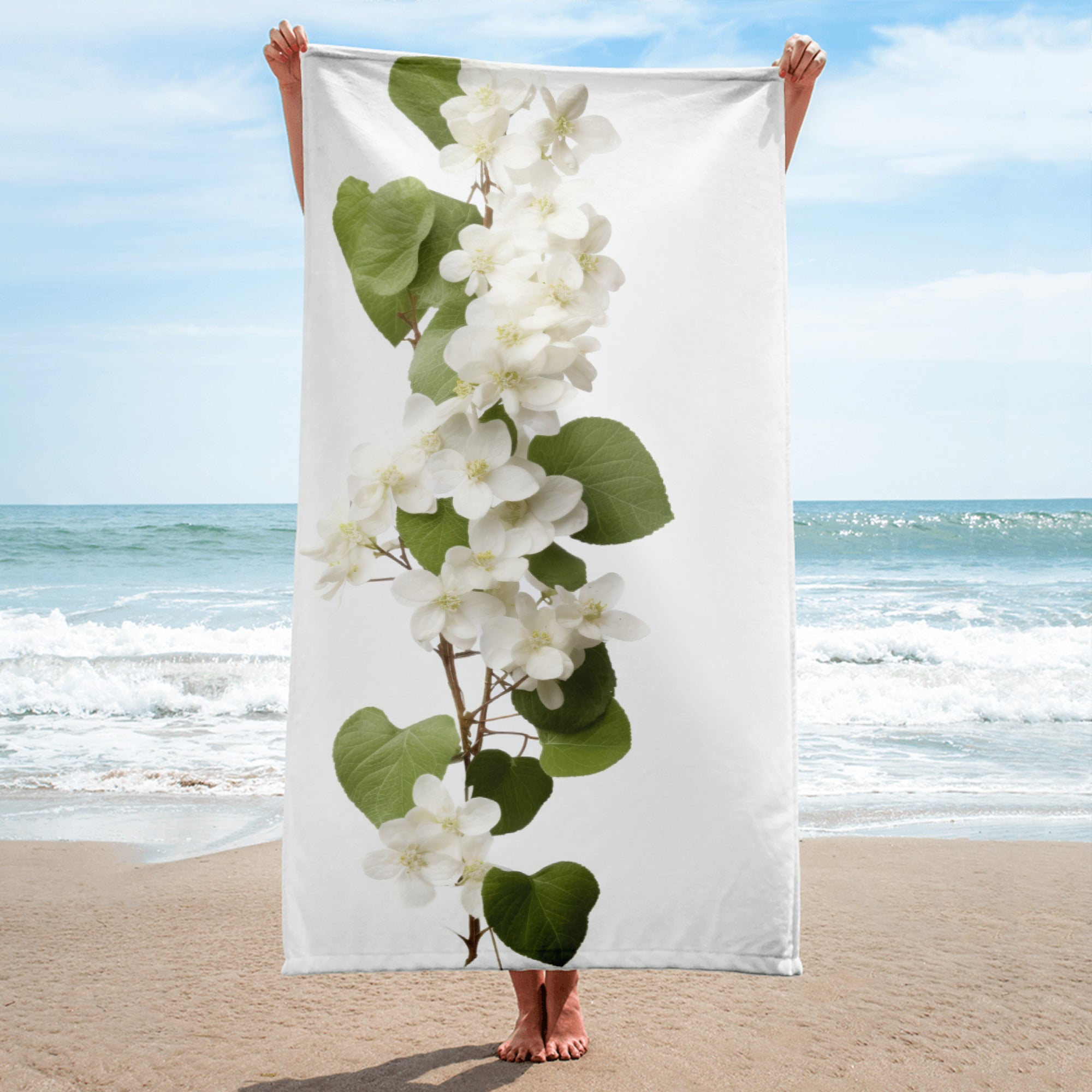 Climbing Hydrangea Flower Beach Towel by Visual Verse - Image 1
