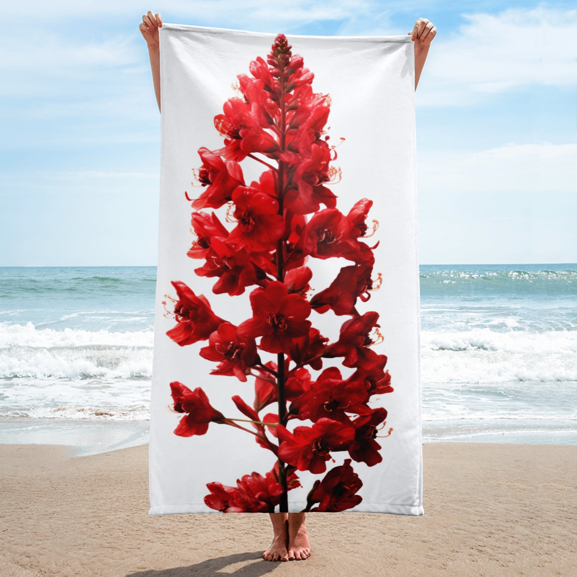 Coral Bells Fire Alarm Flower Beach Towel by Visual Verse - Image 1
