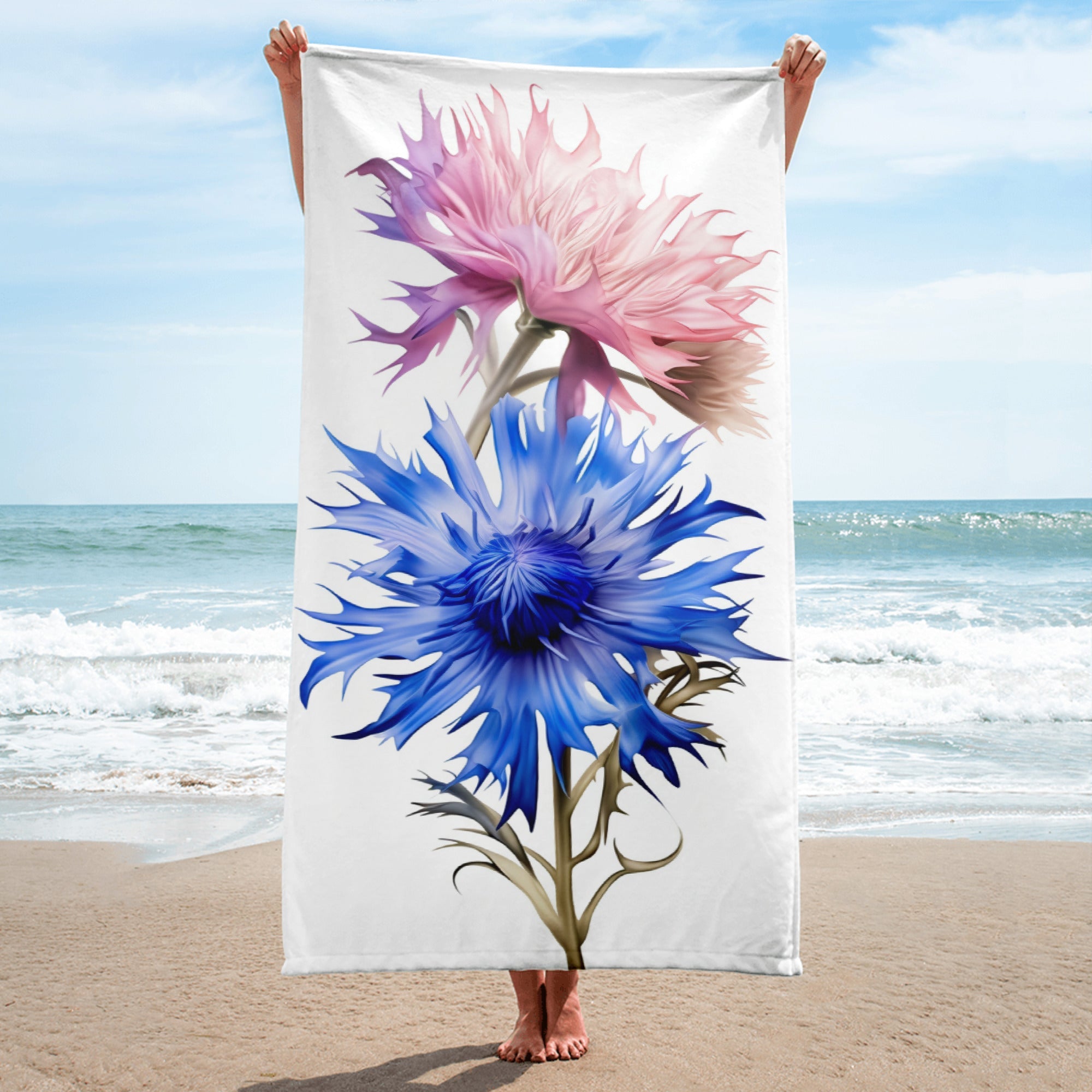 Cornflower Pink & Blue Flower Beach Towel by Visual Verse - Image 1