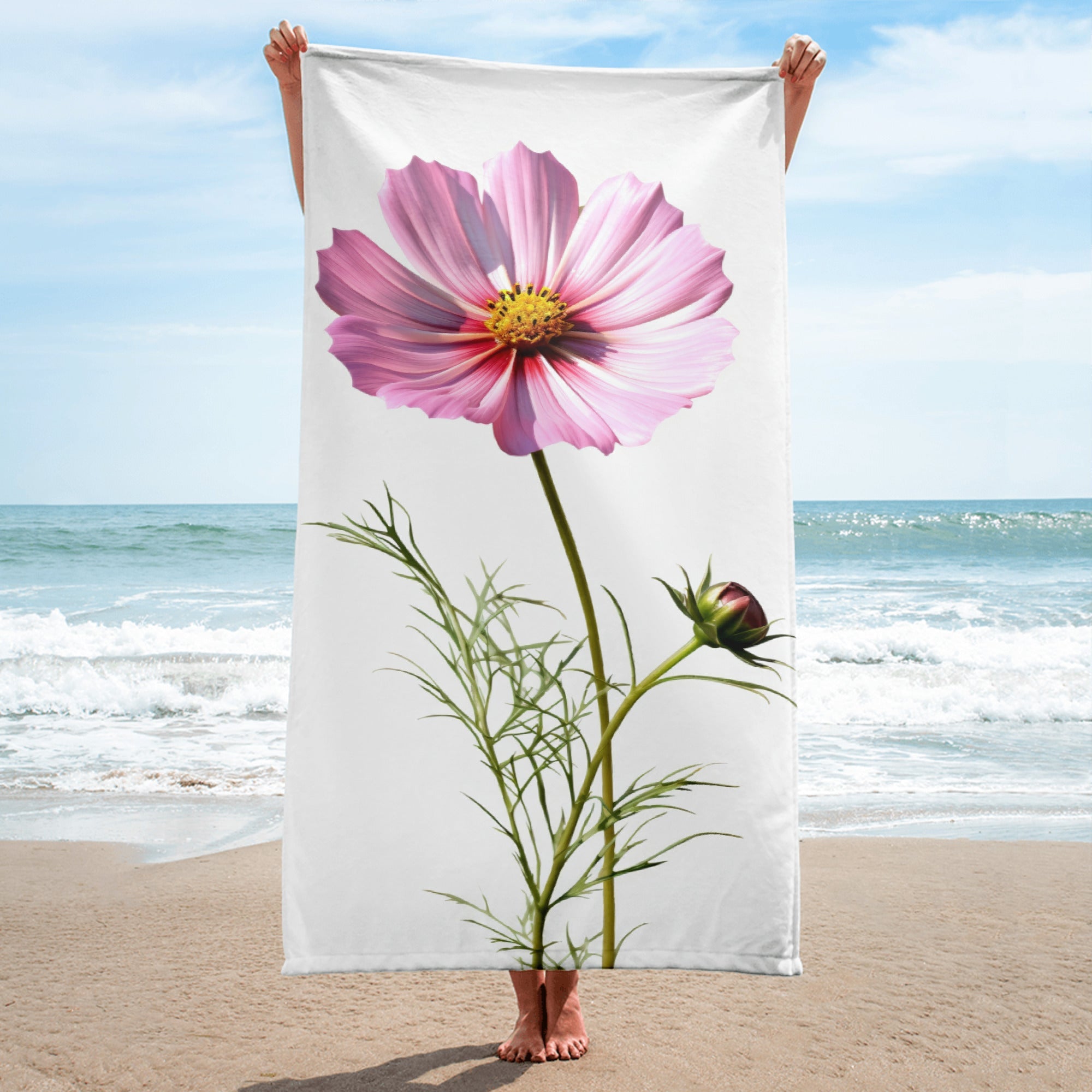 Cosmos Bright Lights Flower Beach Towel by Visual Verse - Image 1
