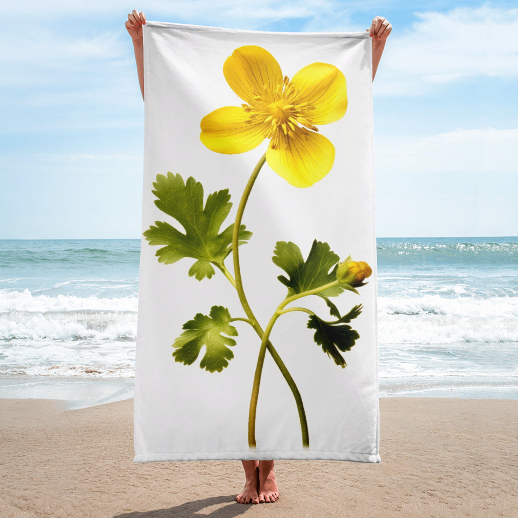 Creeping Buttercup Flower Beach Towel by Visual Verse - Image 1