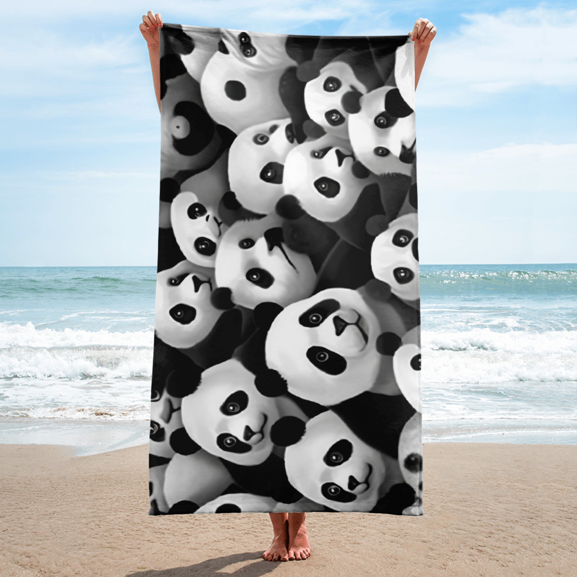 Cute & Playful Panda Faces Beach Towel by Visual Verse - Image 1