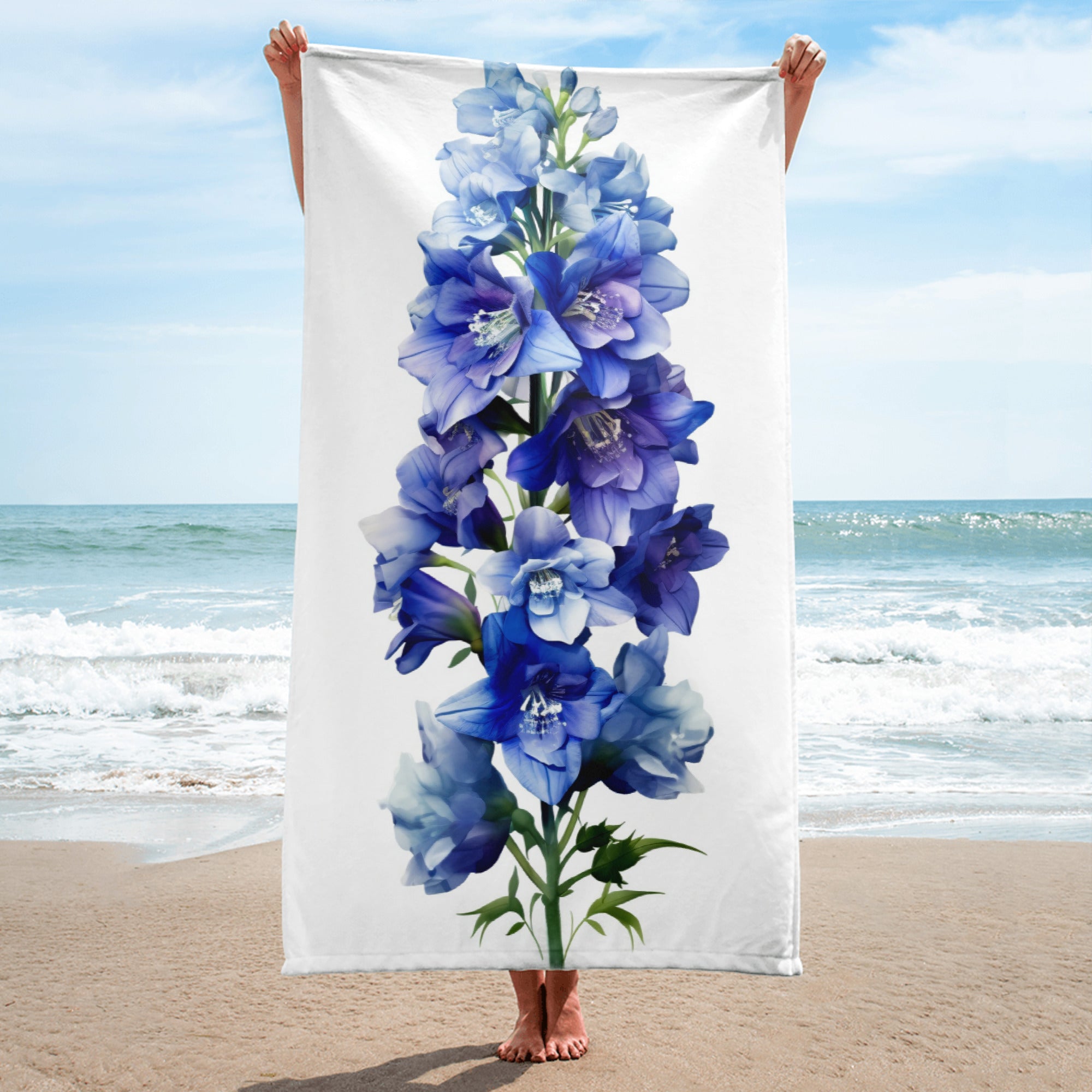 Delphinium Belladonna Flower Beach Towel by Visual Verse - Image 1
