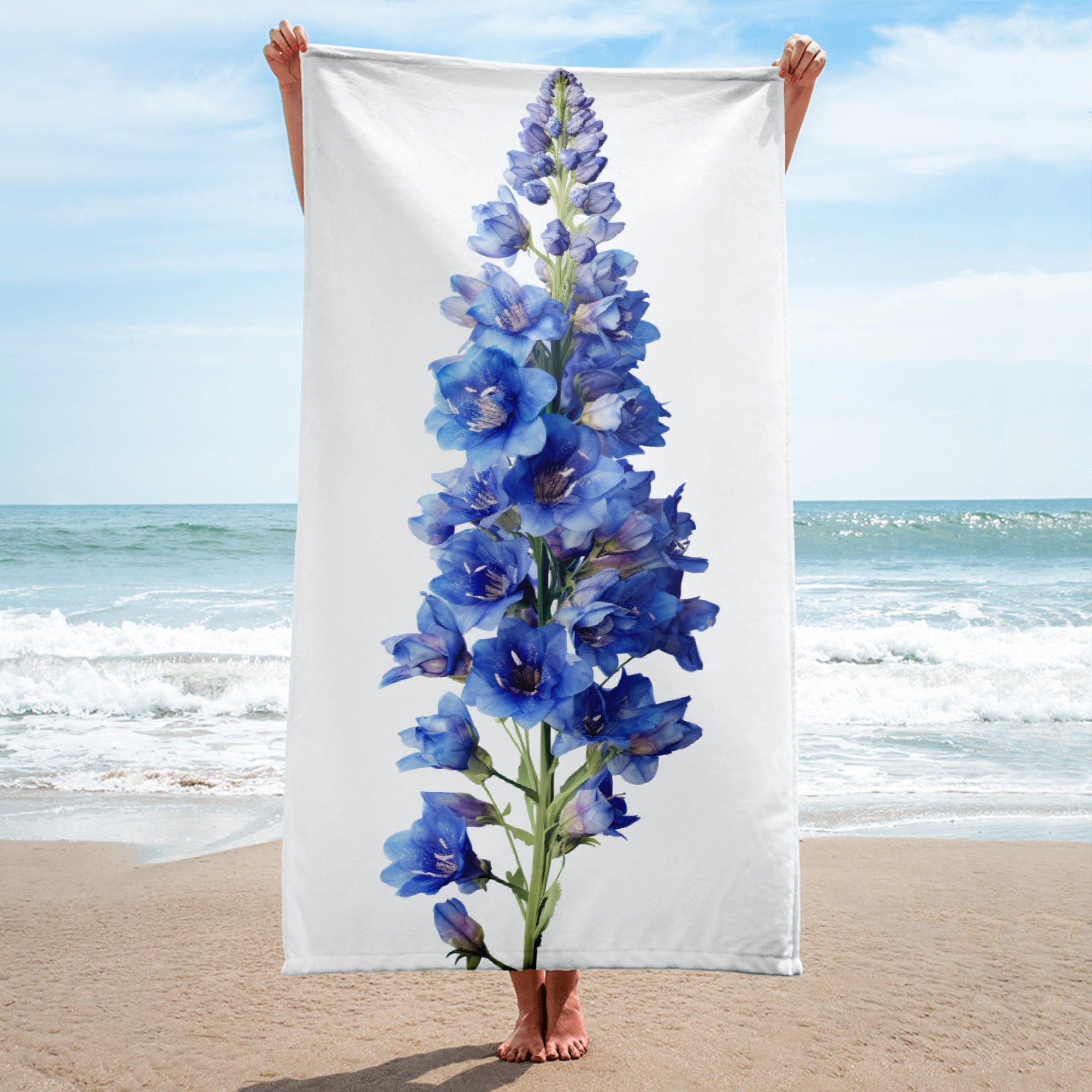 Delphinium Flower Beach Towel by Visual Verse - Image 1