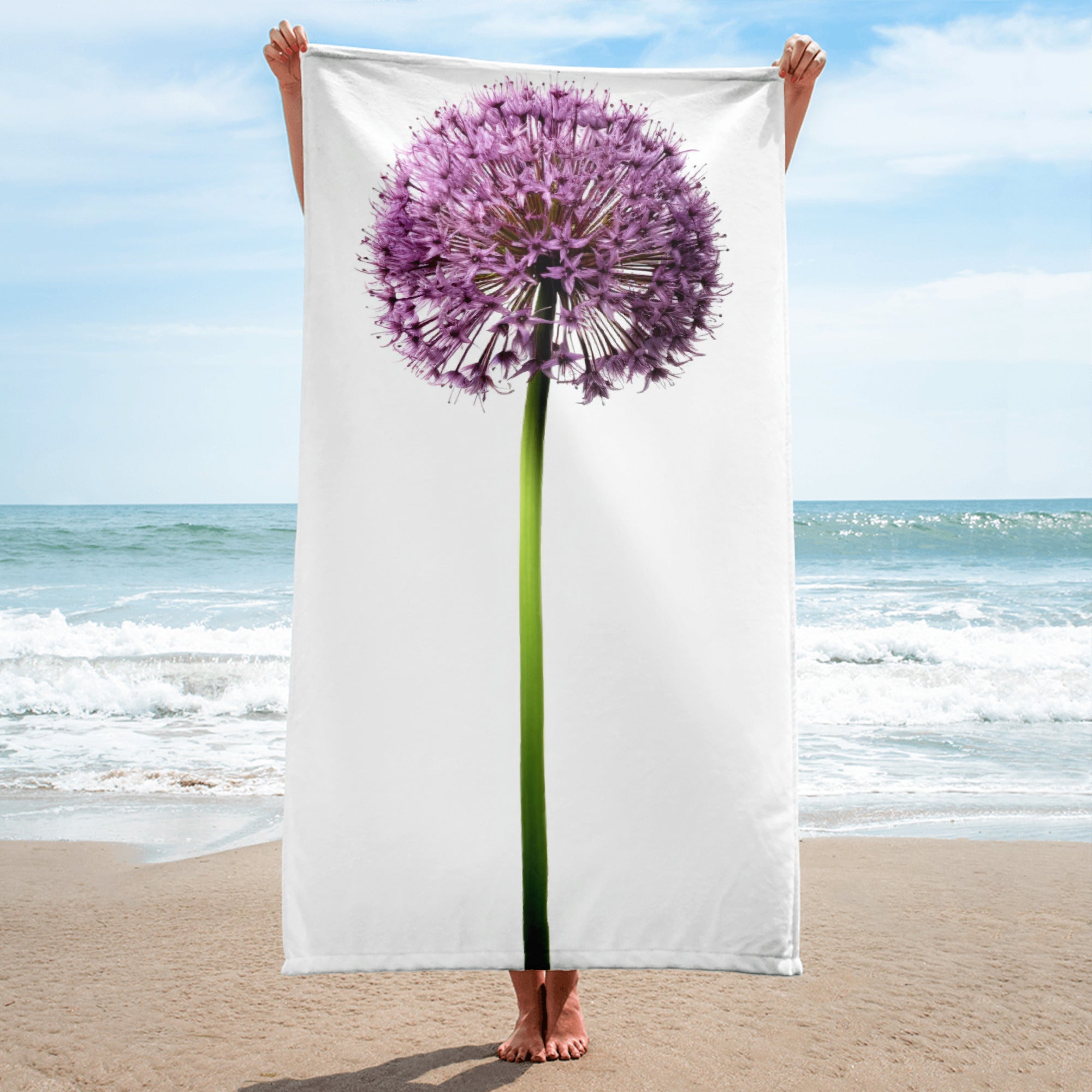 Drumstick Allium Flower Beach Towel by Visual Verse - Image 1