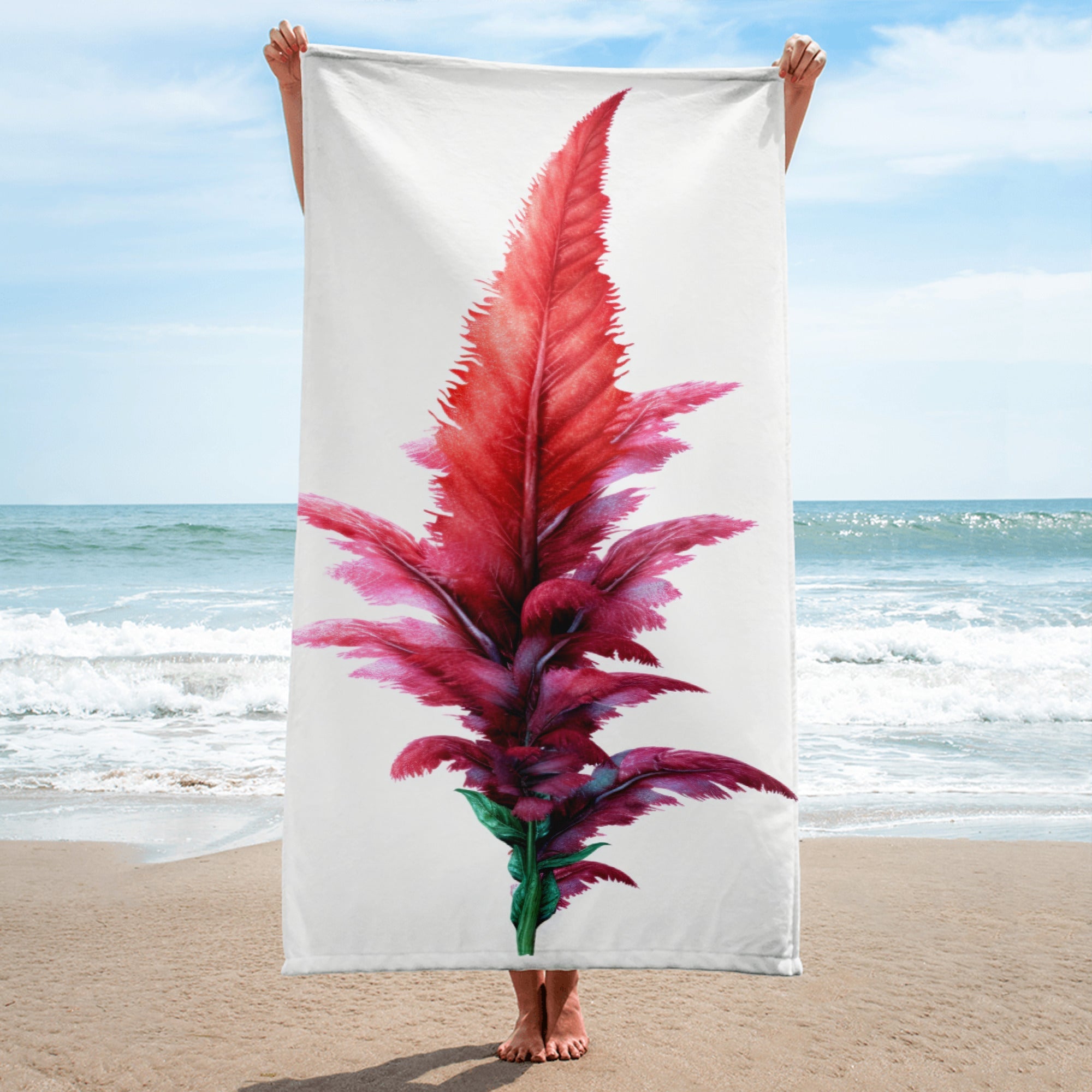 Feathered Amaranth Flower Beach Towel by Visual Verse - Image 1