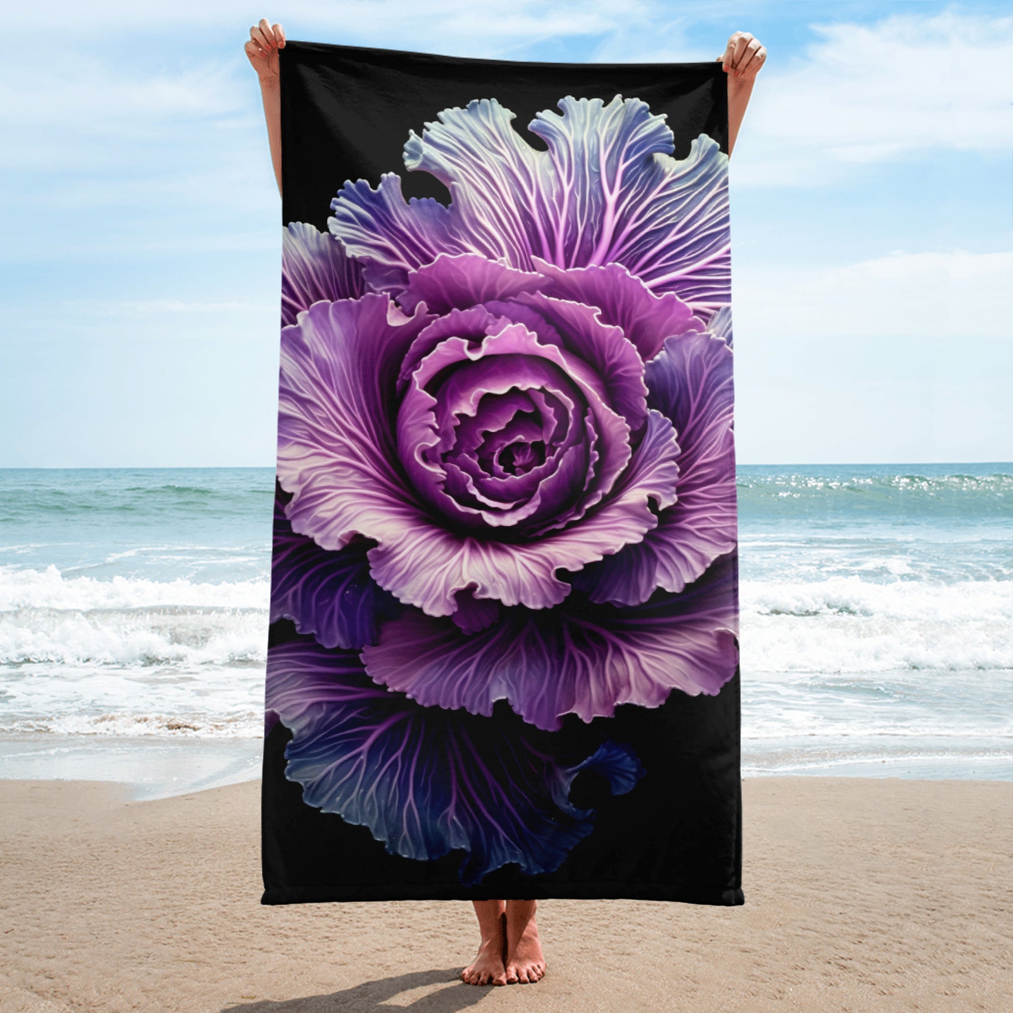 Flowering Kale Flower Beach Towel by Visual Verse - Image 1