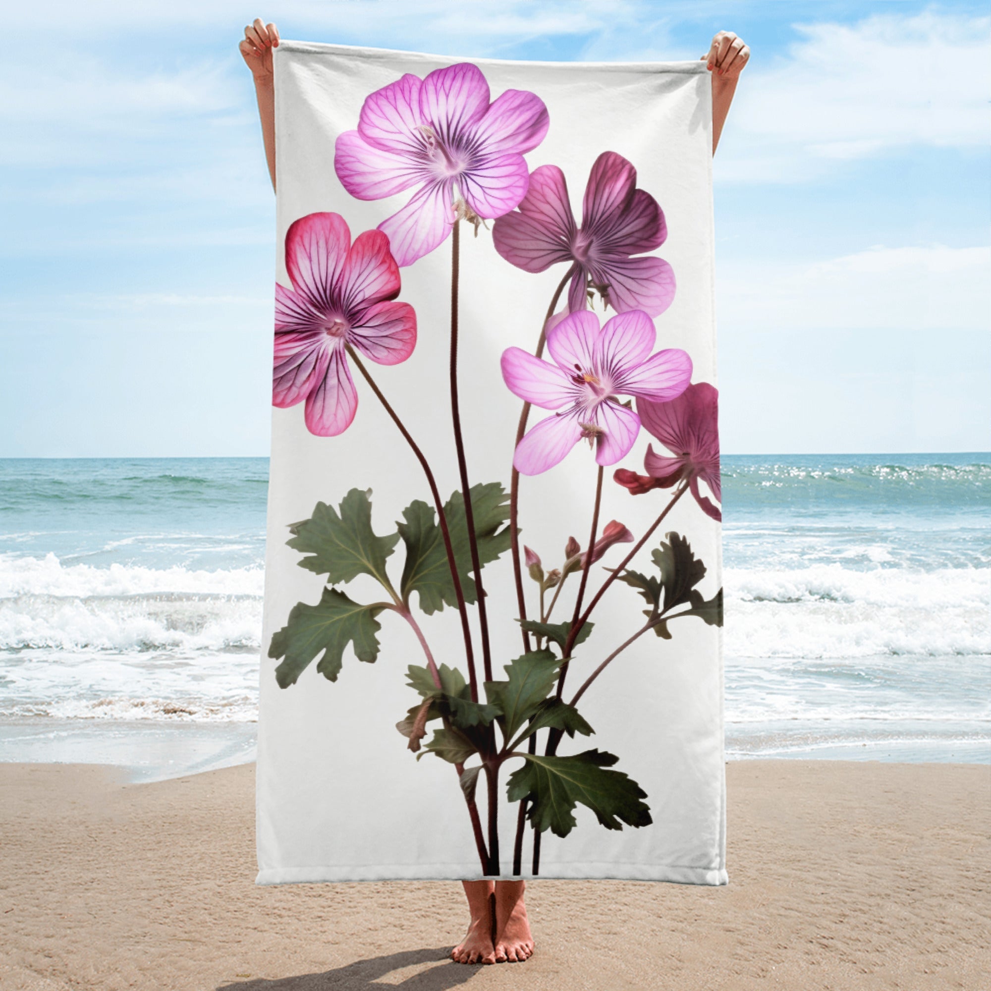 Geranium Flower Beach Towel by Visual Verse - Image 1