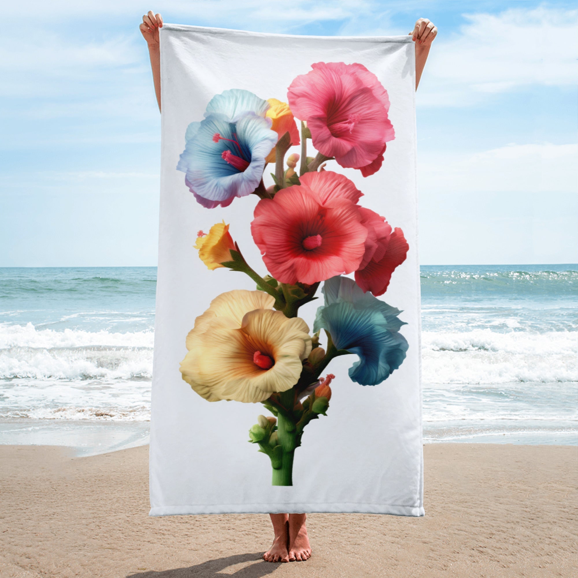 Hollyhock Flower Beach Towel by Visual Verse - Image 1