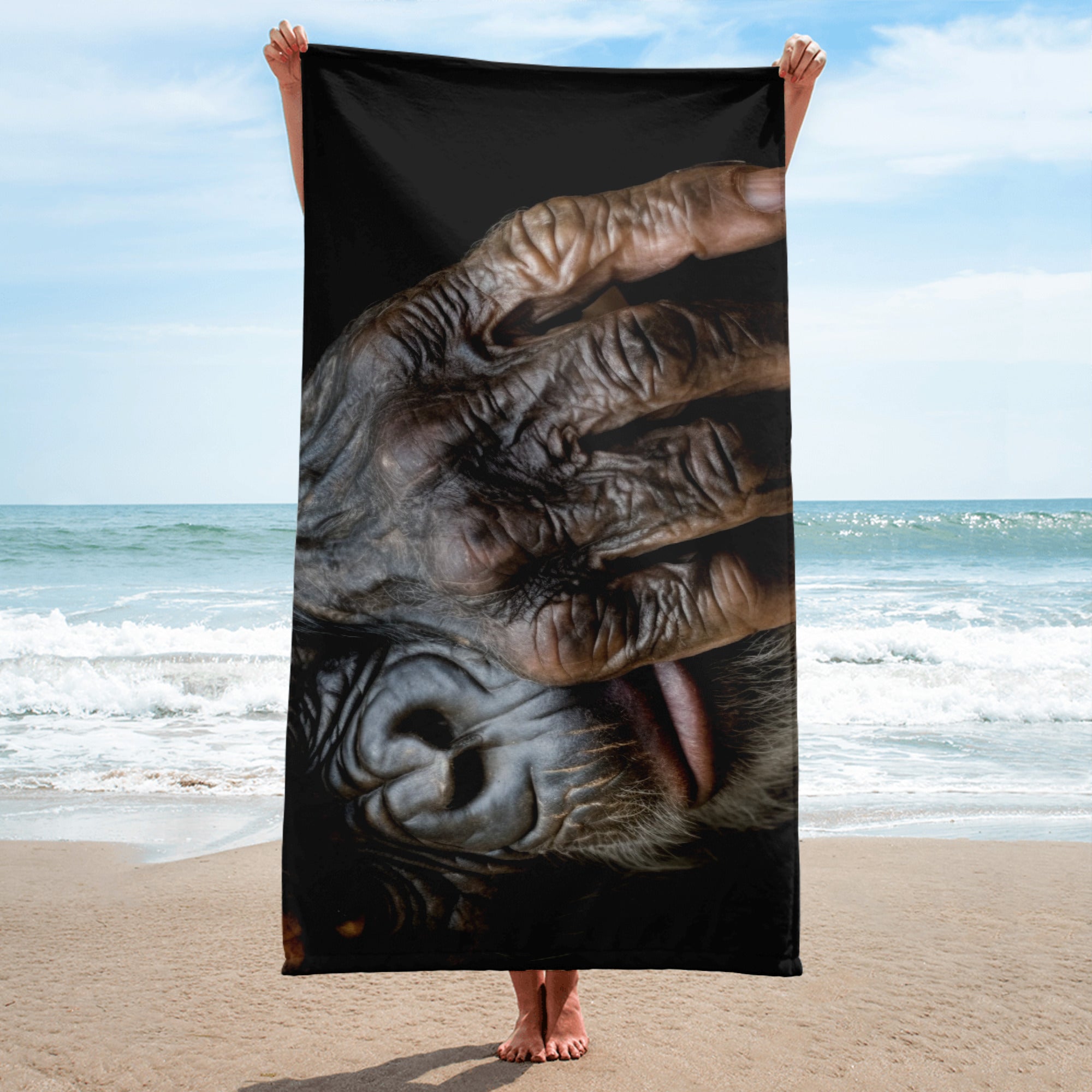 Intricate Chimpanzee Hand Beach Towel by Visual Verse - Image 1