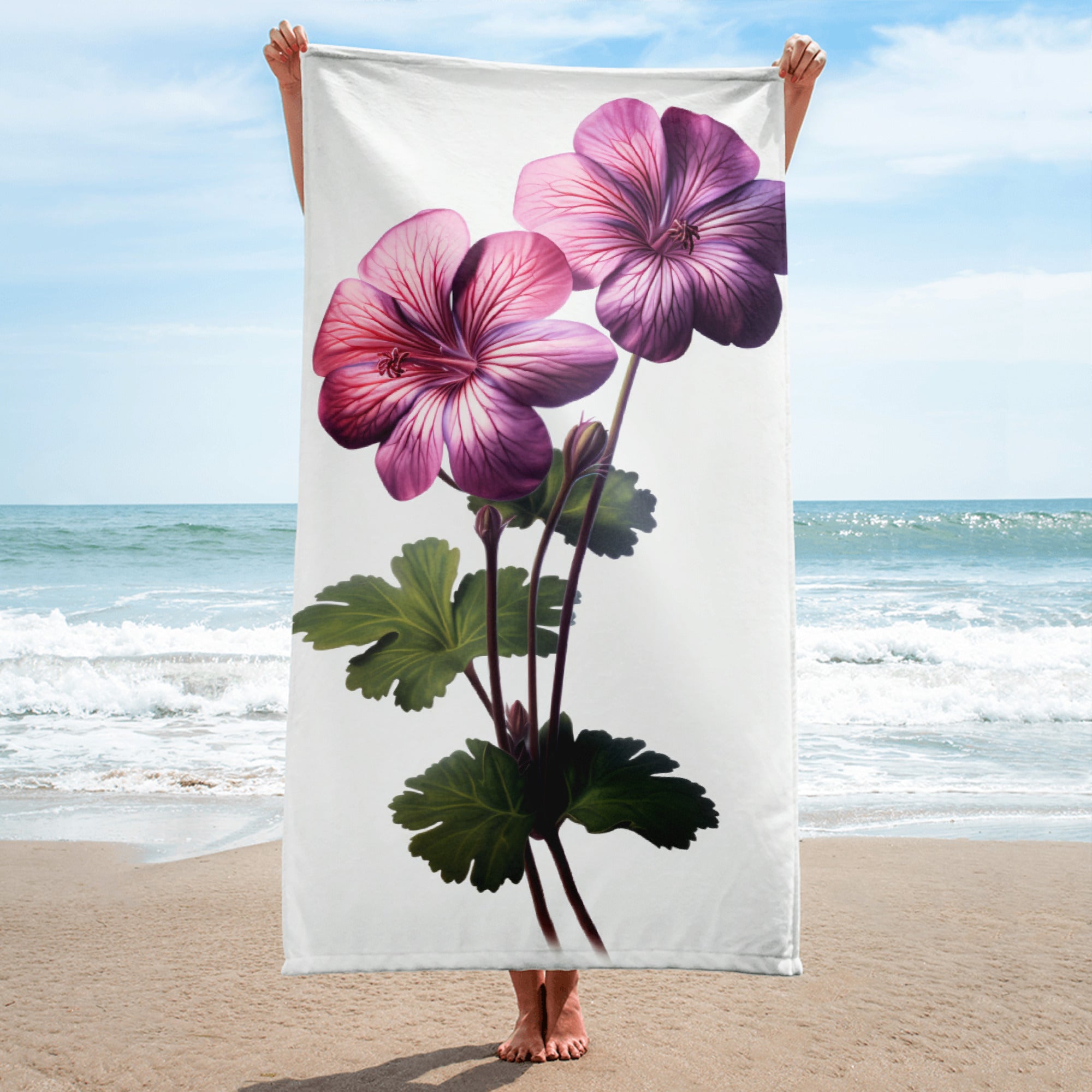 Pink Geranium Flower Beach Towel by Visual Verse - Image 1
