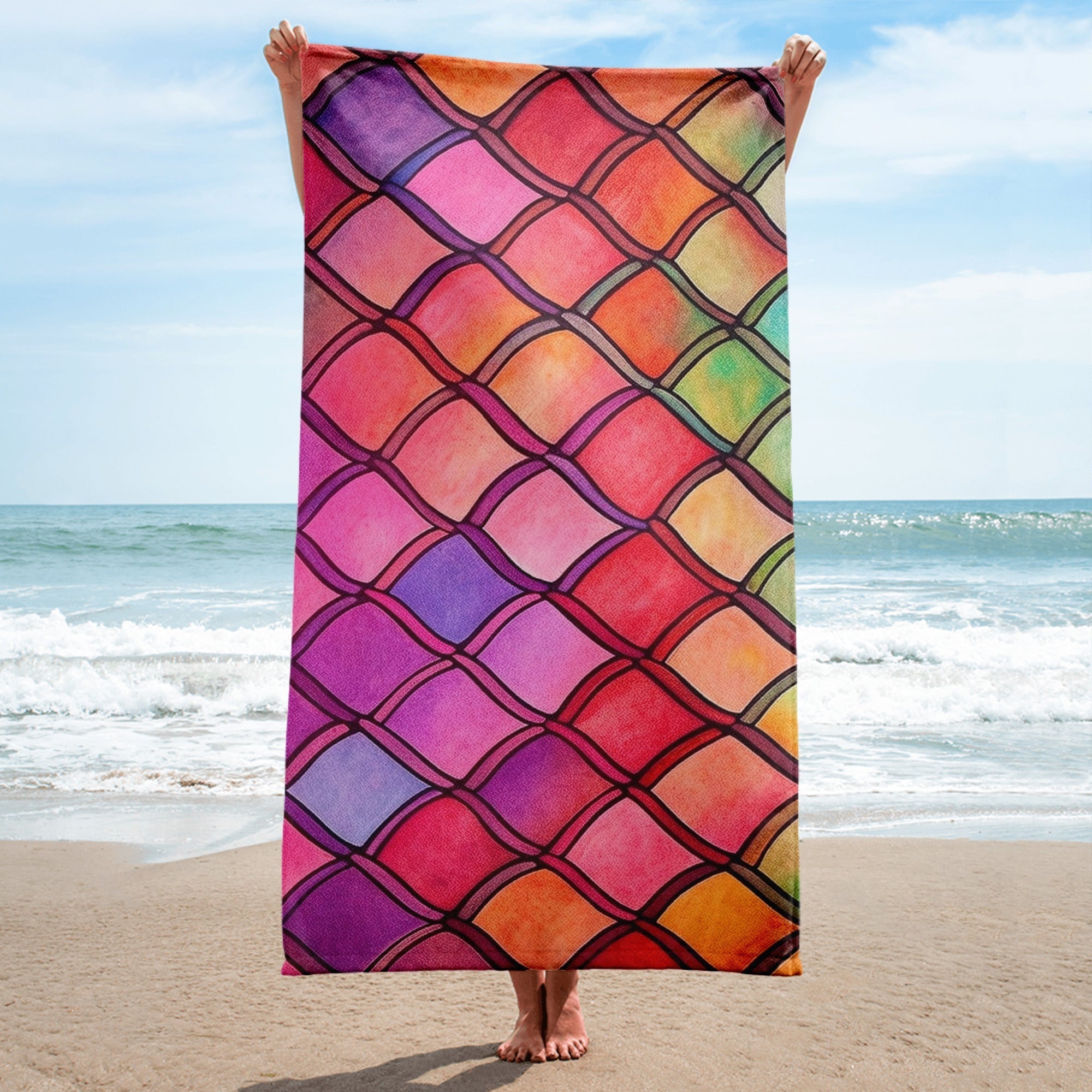 Red Rainbow Fish Scales Beach Towel by Visual Verse - Image 1