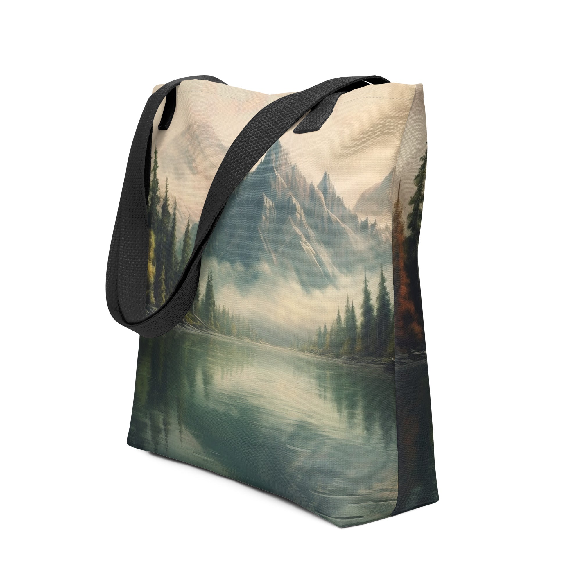 Serene Misty Lake Tote Bag by Visual Verse - Image 1