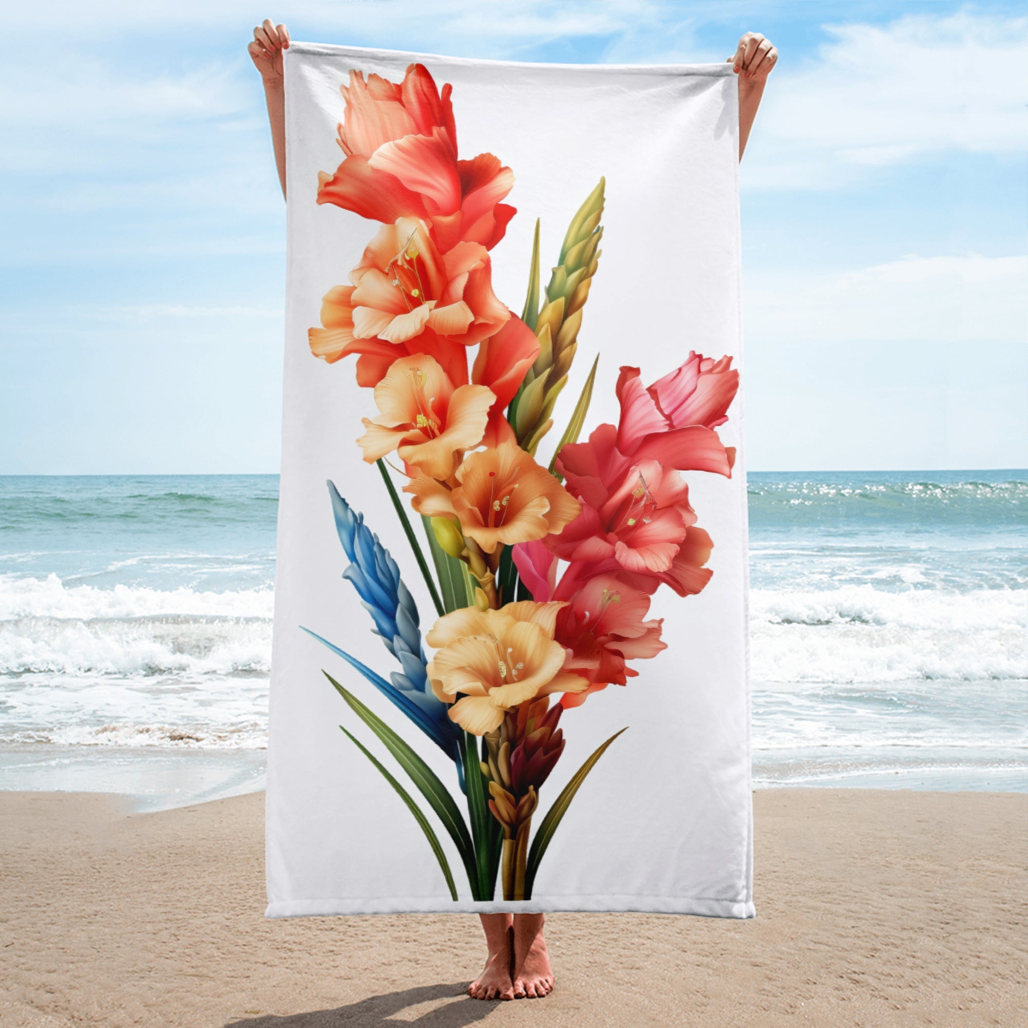 Vibrant Gladiolus Flower Beach Towel by Visual Verse - Image 1