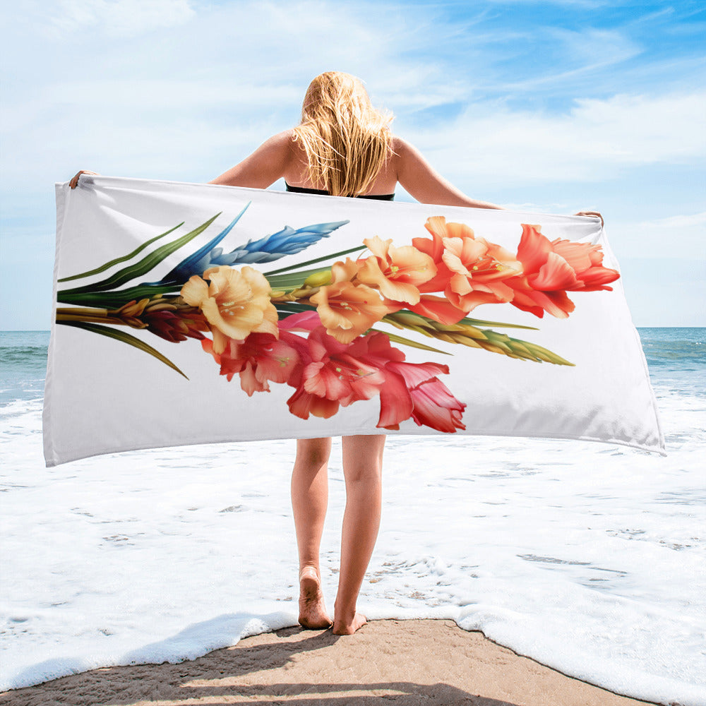 Vibrant Gladiolus Flower Beach Towel by Visual Verse - Image 2