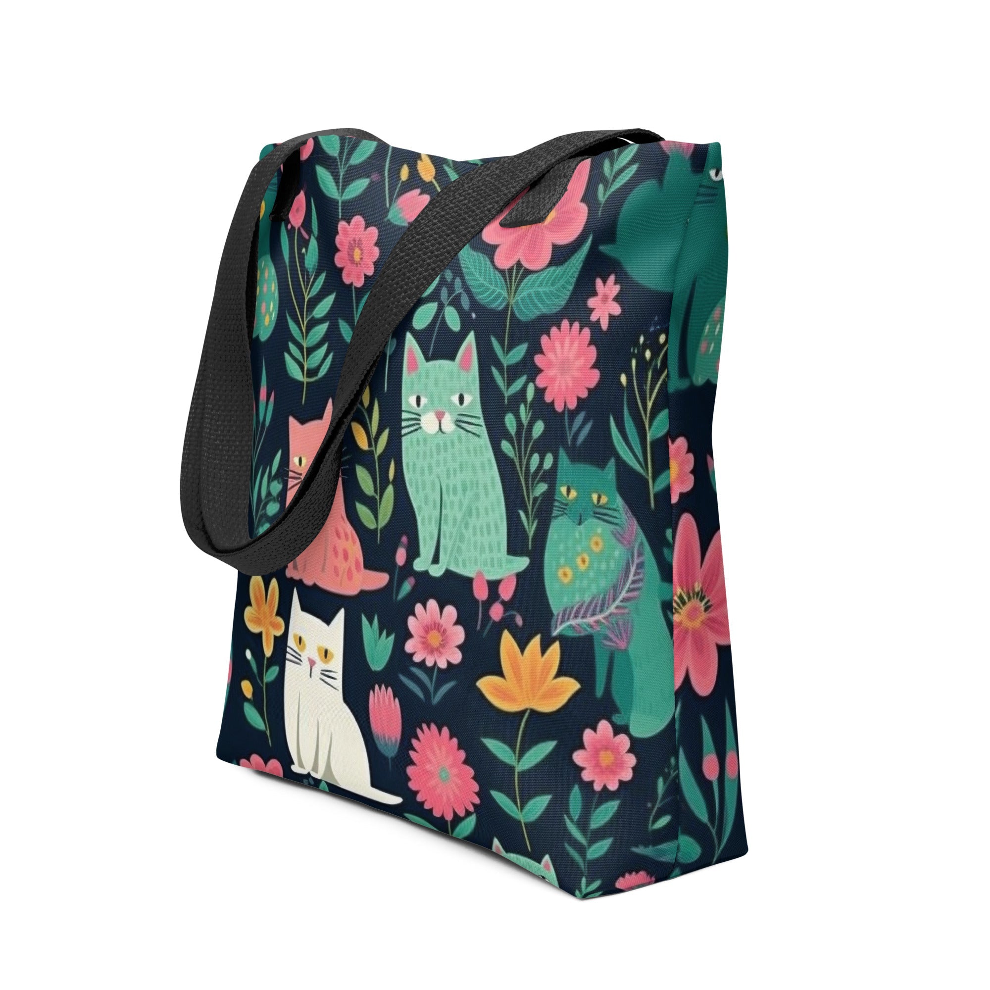 Whimsical Cat & Plant Pattern Tote Bag by Visual Verse - Image 1