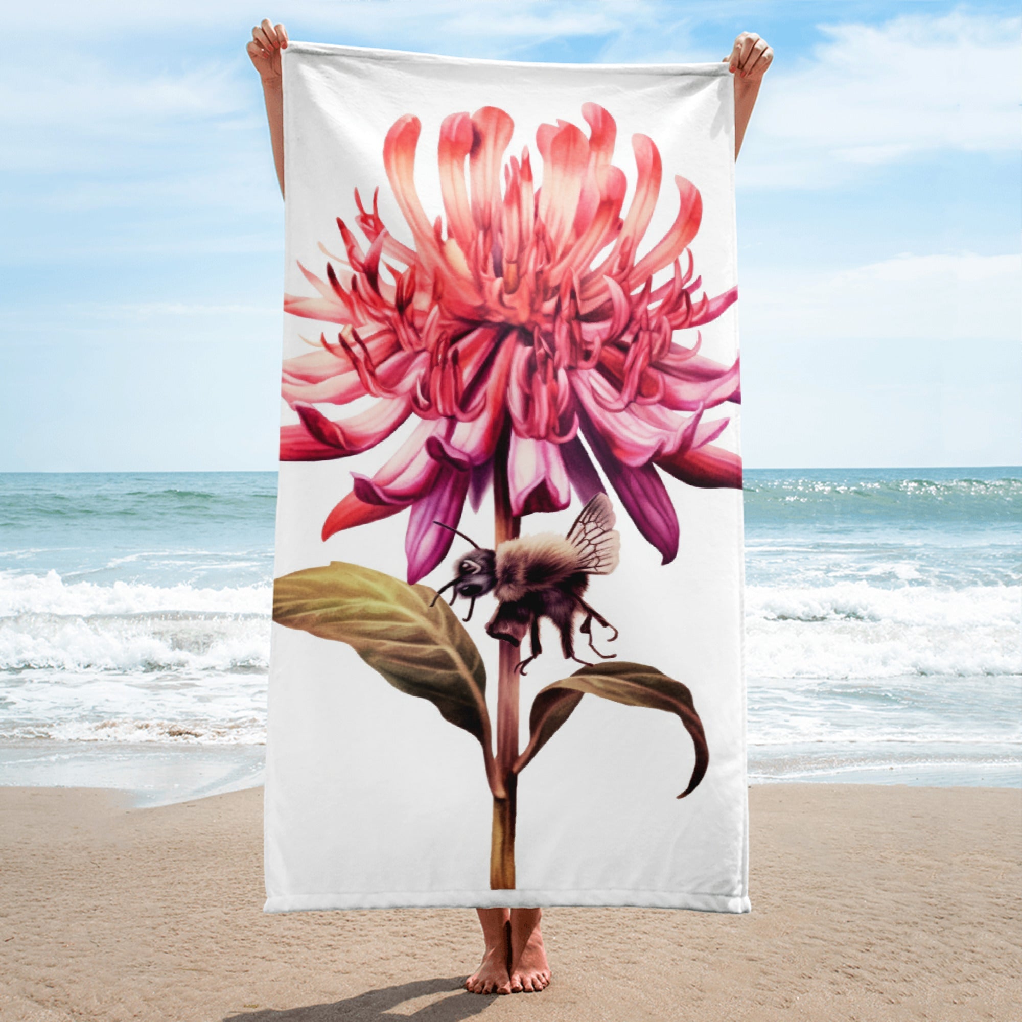 Bee Balm Flower Beach Towel by Visual Verse - Image 1