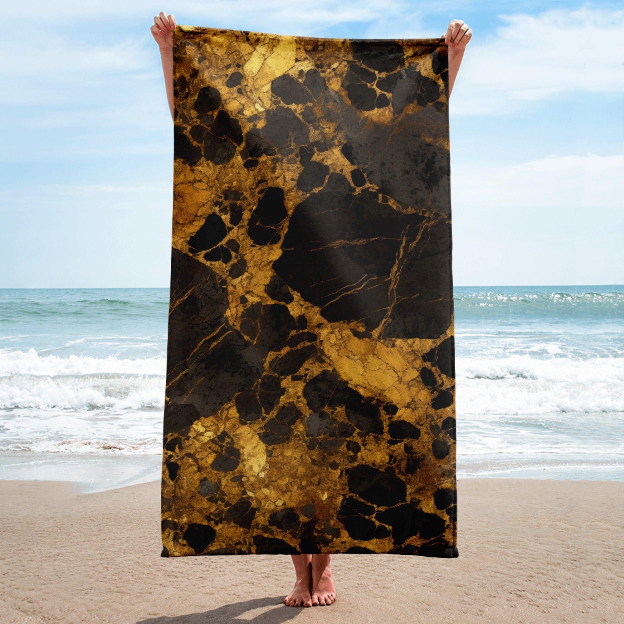 Black Golden Granite Beach Towel by Visual Verse - Image 1