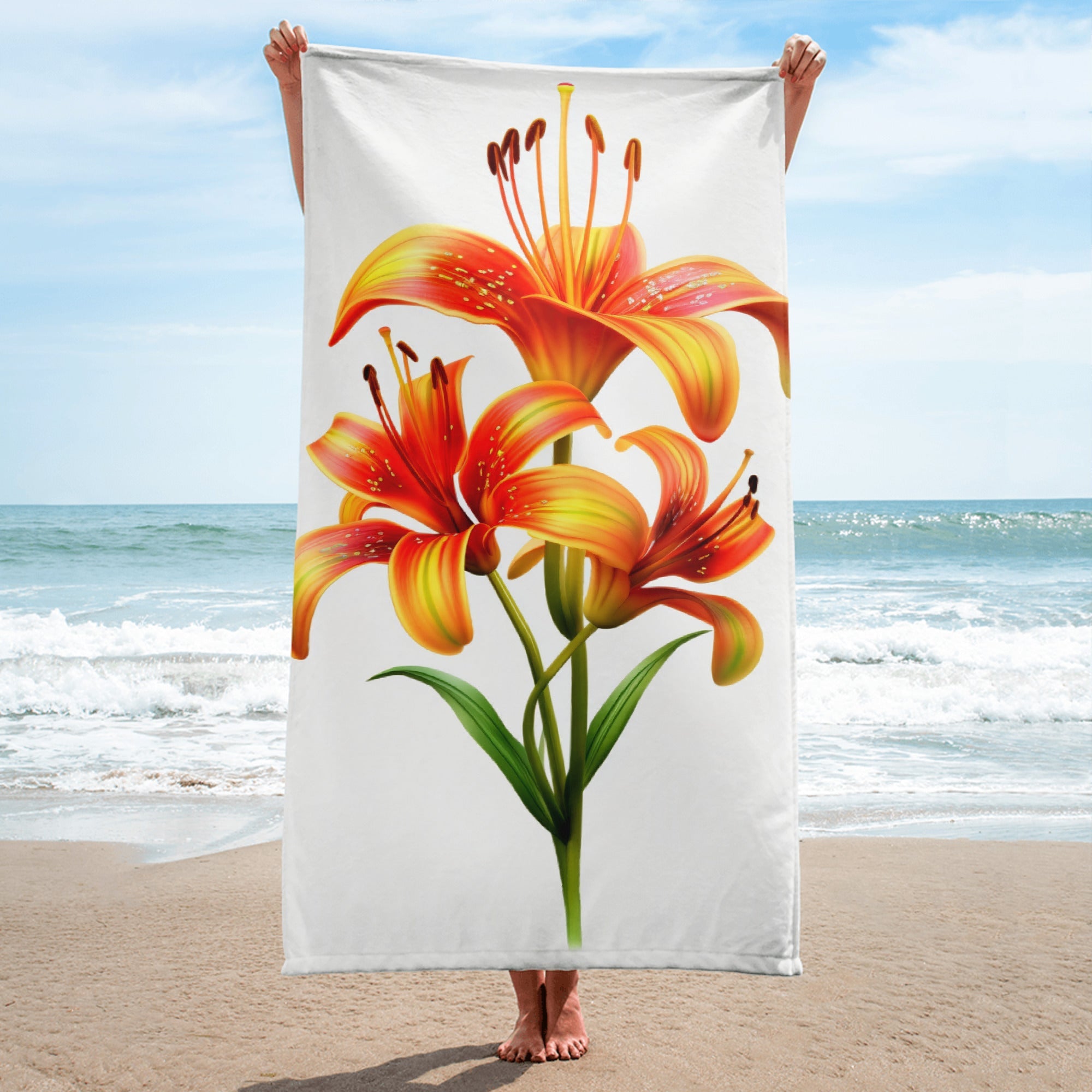 Gloriosa Lily Flower Beach Towel by Visual Verse - Image 1