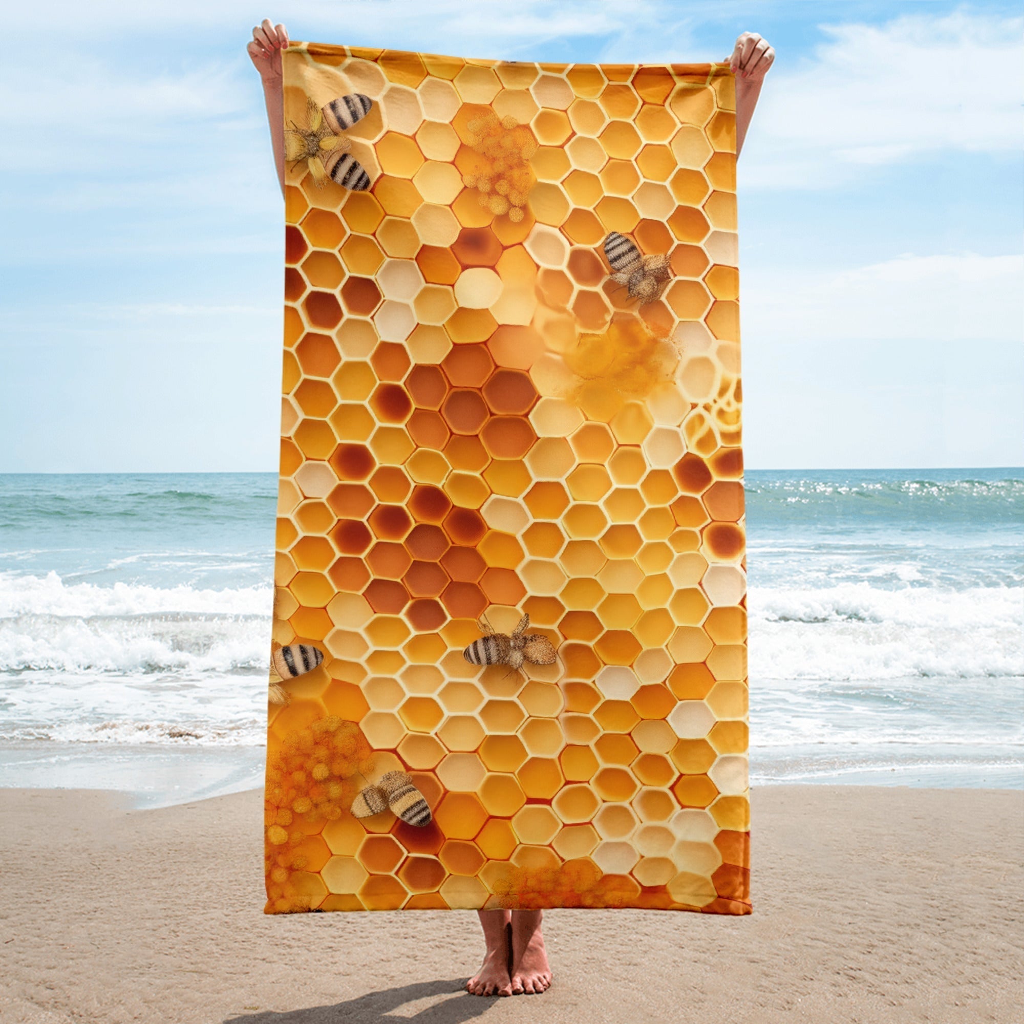 Hexagonal Honeybee Hives Beach Towel by Visual Verse - Image 1