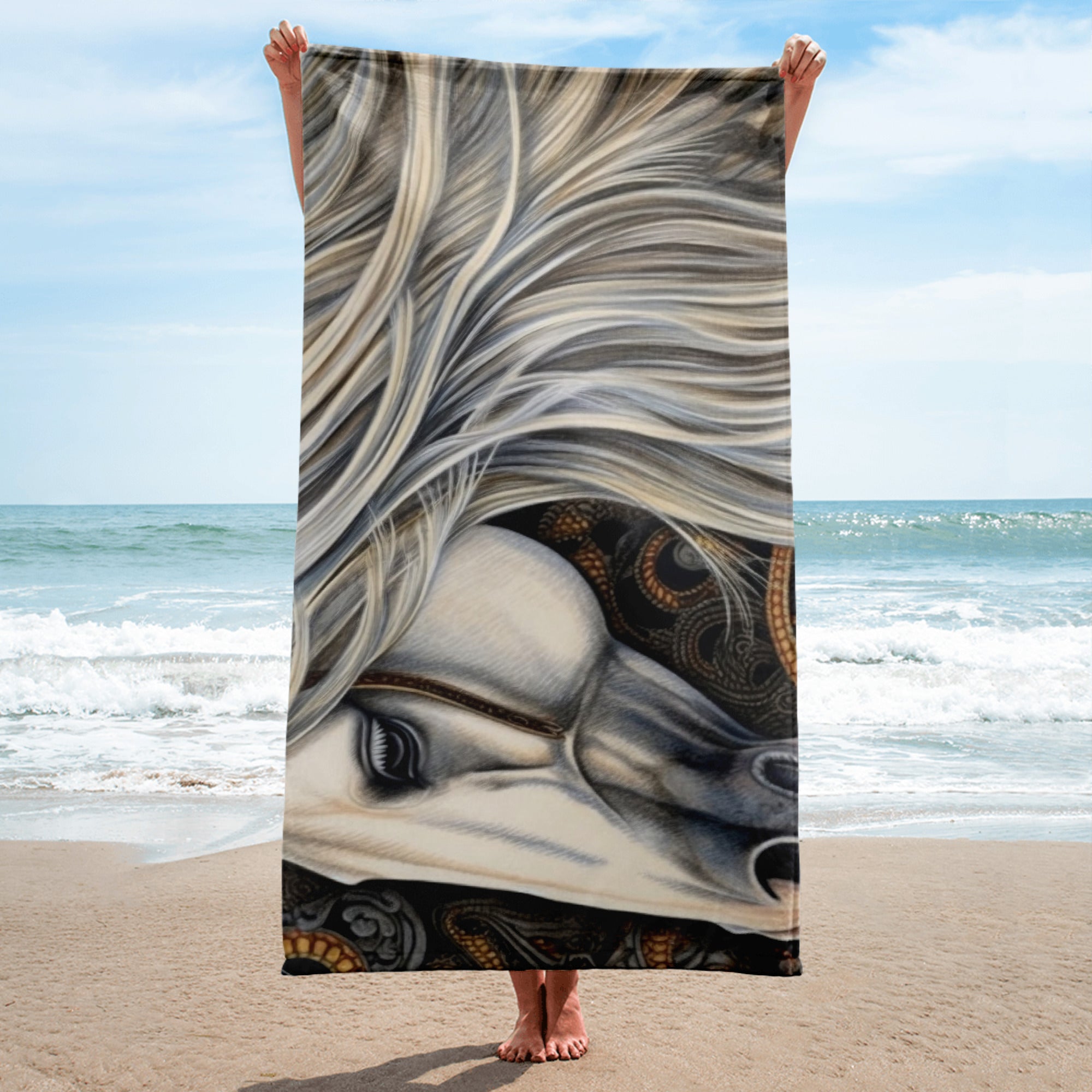 Intricate Horse Coat Beach Towel by Visual Verse - Image 1