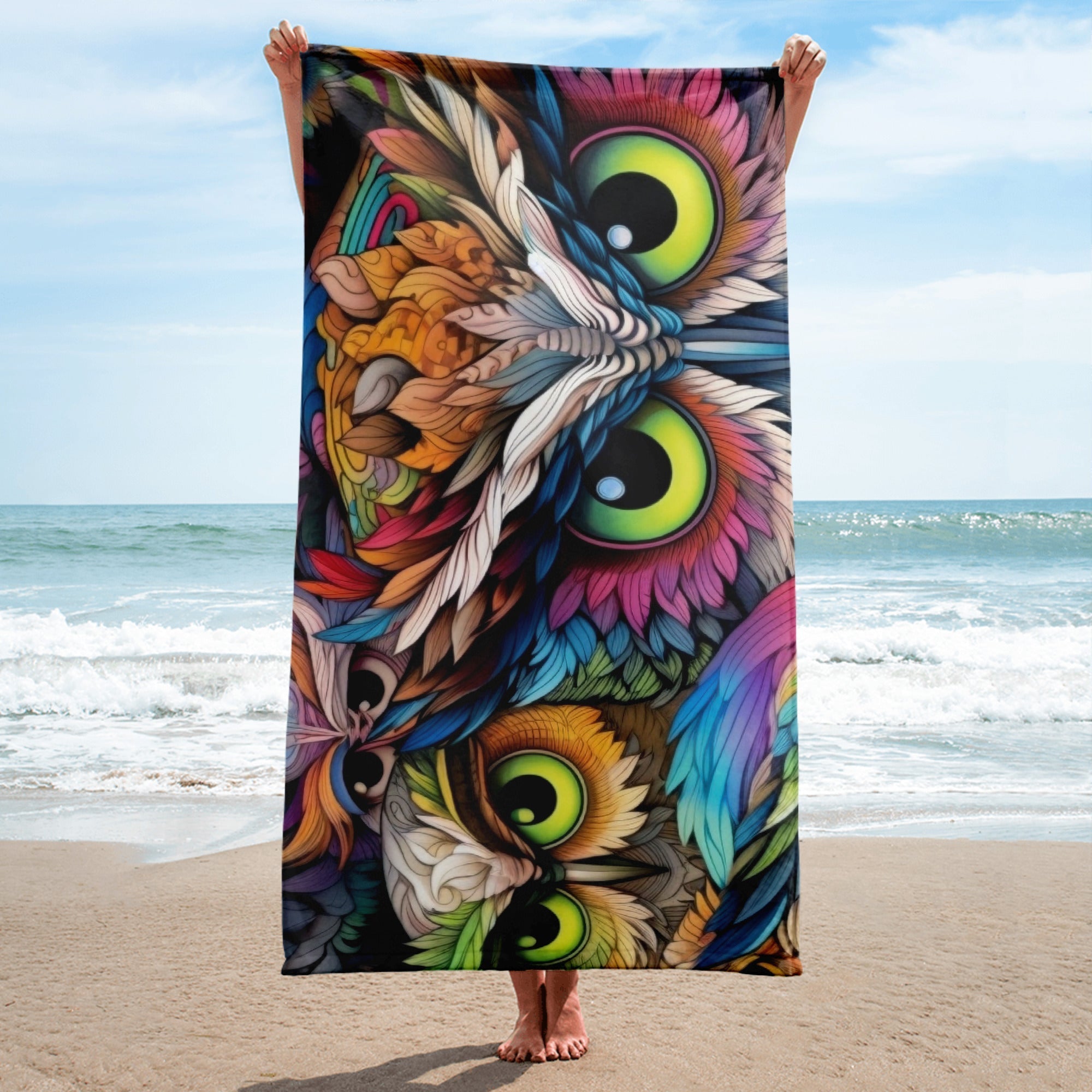 Intricate Owl Eyes Beach Towel by Visual Verse - Image 1