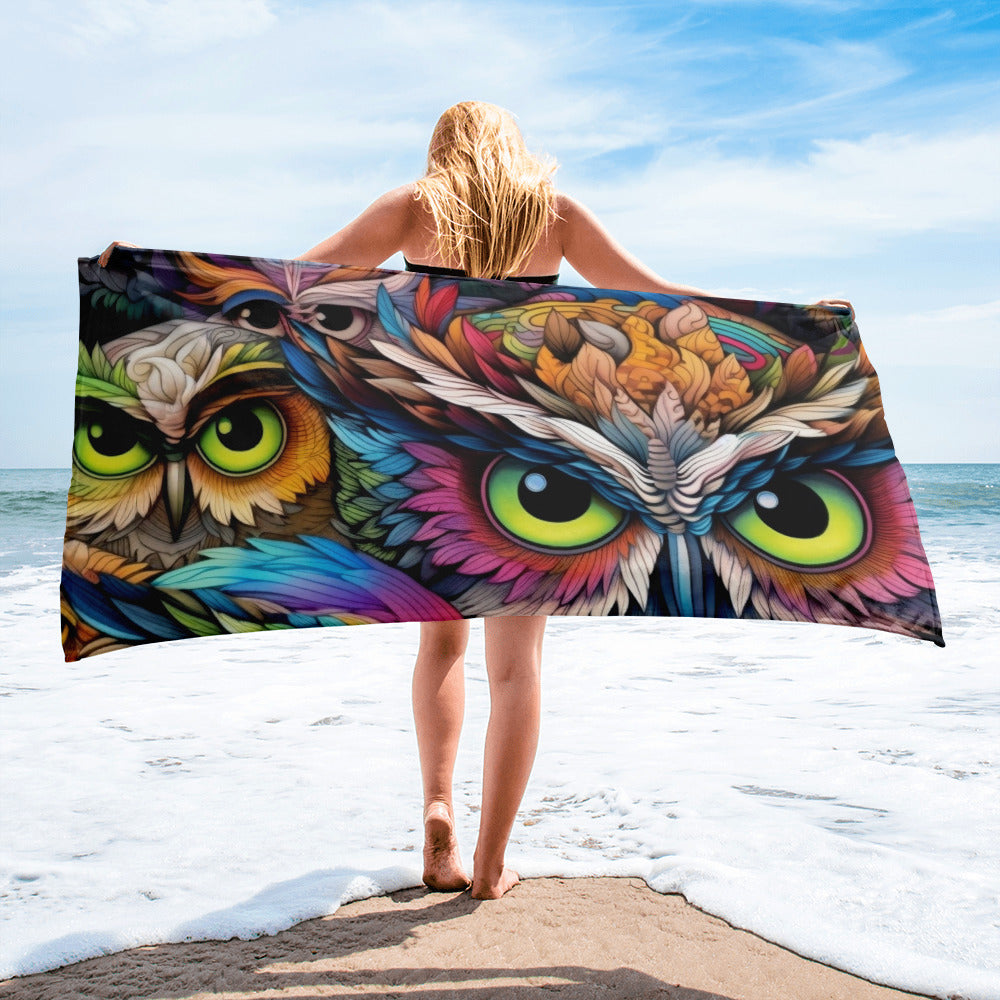 Intricate Owl Eyes Beach Towel by Visual Verse - Image 2