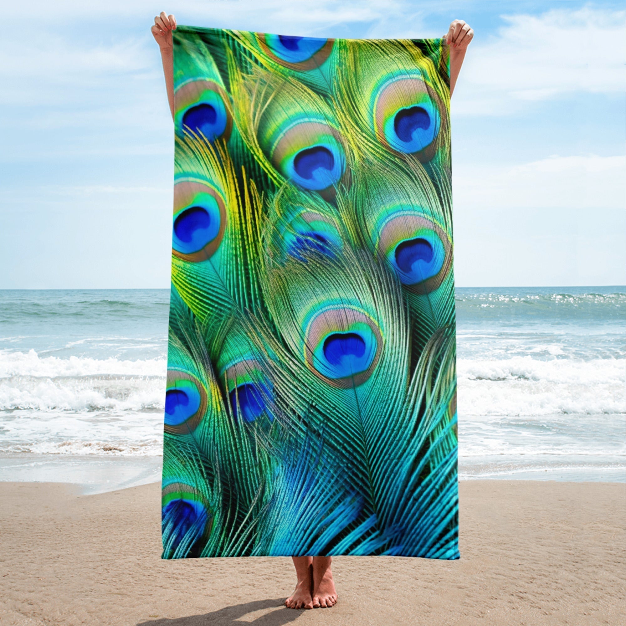 Intricate Peacock Feather Beach Towel by Visual Verse - Image 1