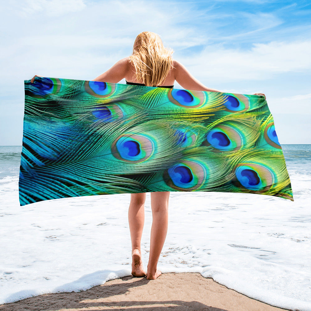 Intricate Peacock Feather Beach Towel by Visual Verse - Image 2