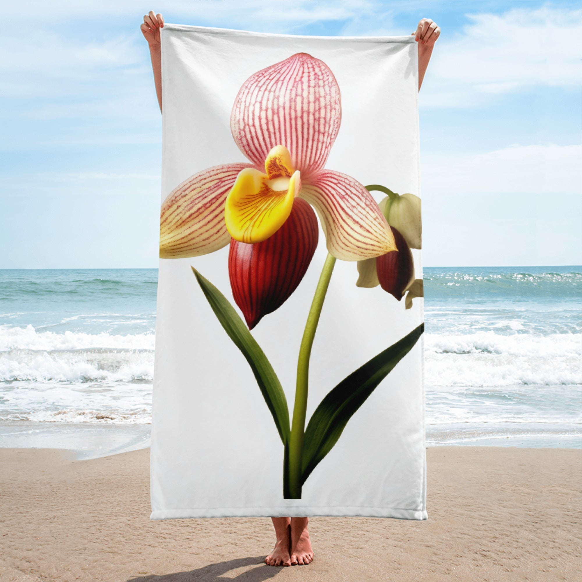 Ladys Slipper Orchid Flower Beach Towel by Visual Verse - Image 1