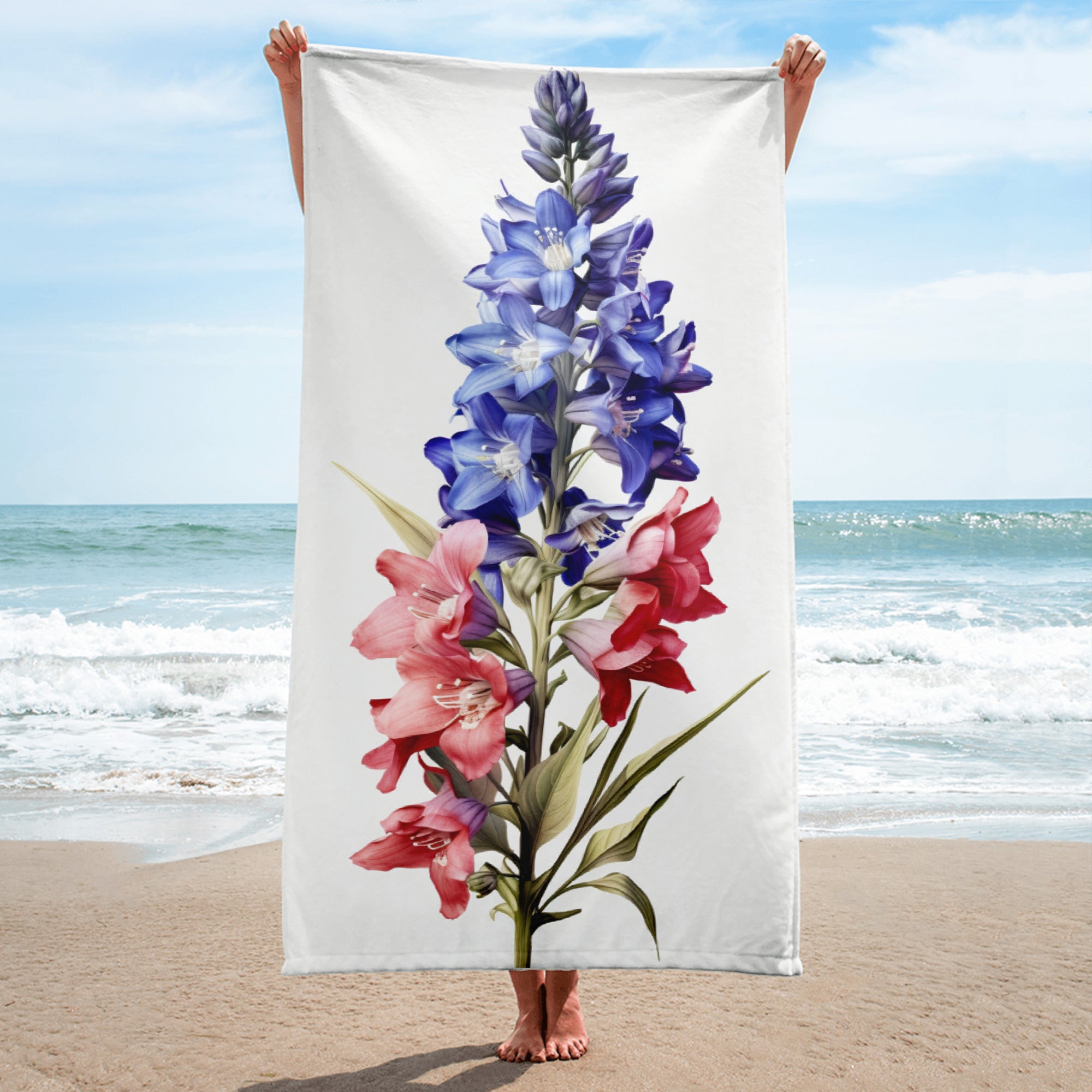 Larkspur Flower Beach Towel by Visual Verse - Image 1