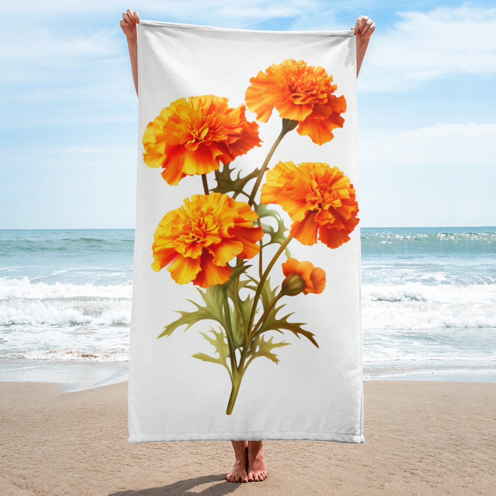 Marigold Flower Beach Towel by Visual Verse - Image 1