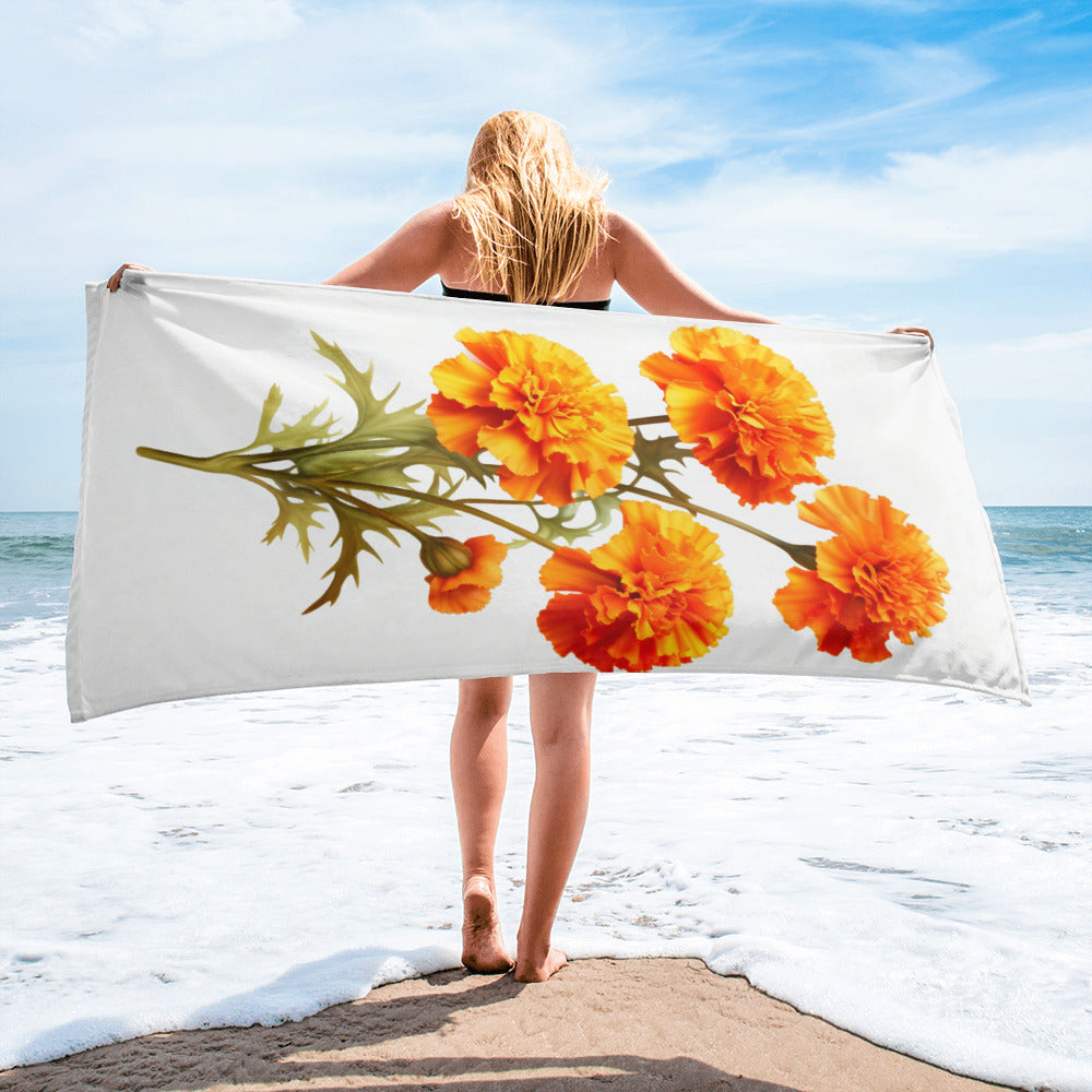 Marigold Flower Beach Towel by Visual Verse - Image 2