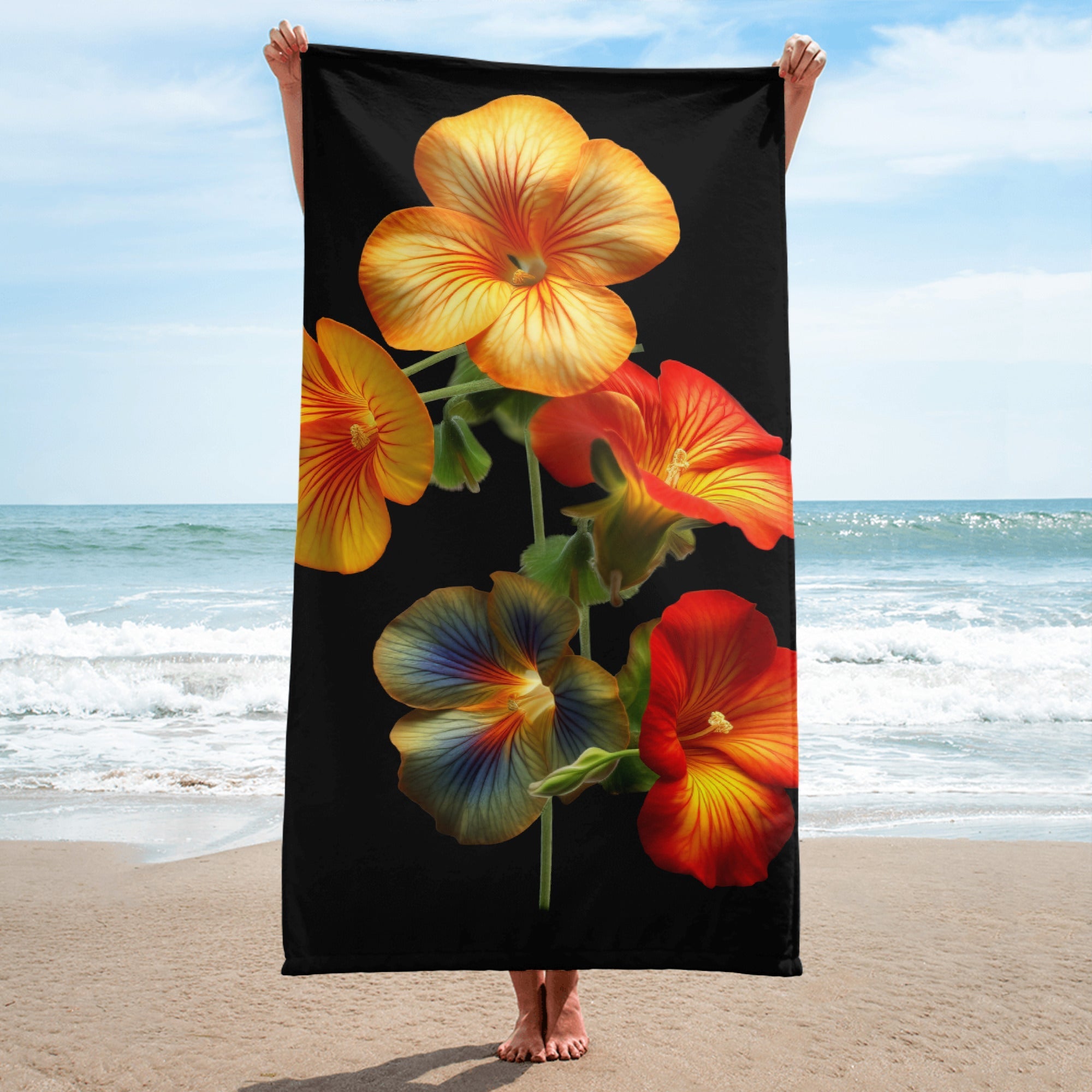 Multiple Nasturtium Flower Beach Towel by Visual Verse - Image 1