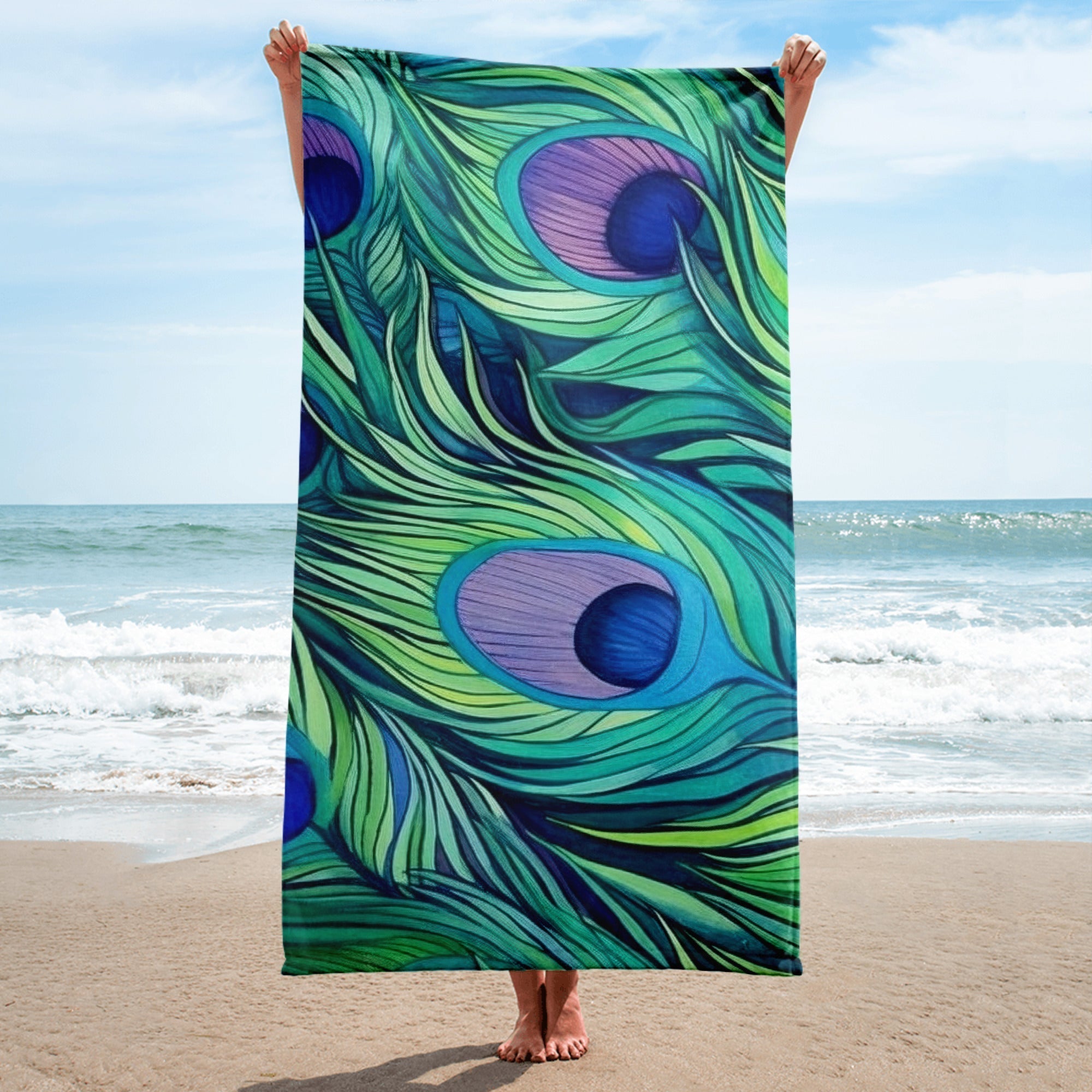 Peacock Feathers Beach Towel - Draw Inspiration by Visual Verse - Image 1