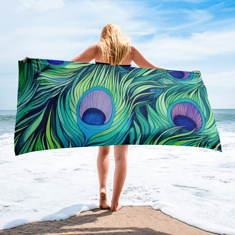 Peacock Feathers Beach Towel - Draw Inspiration by Visual Verse - Image 2