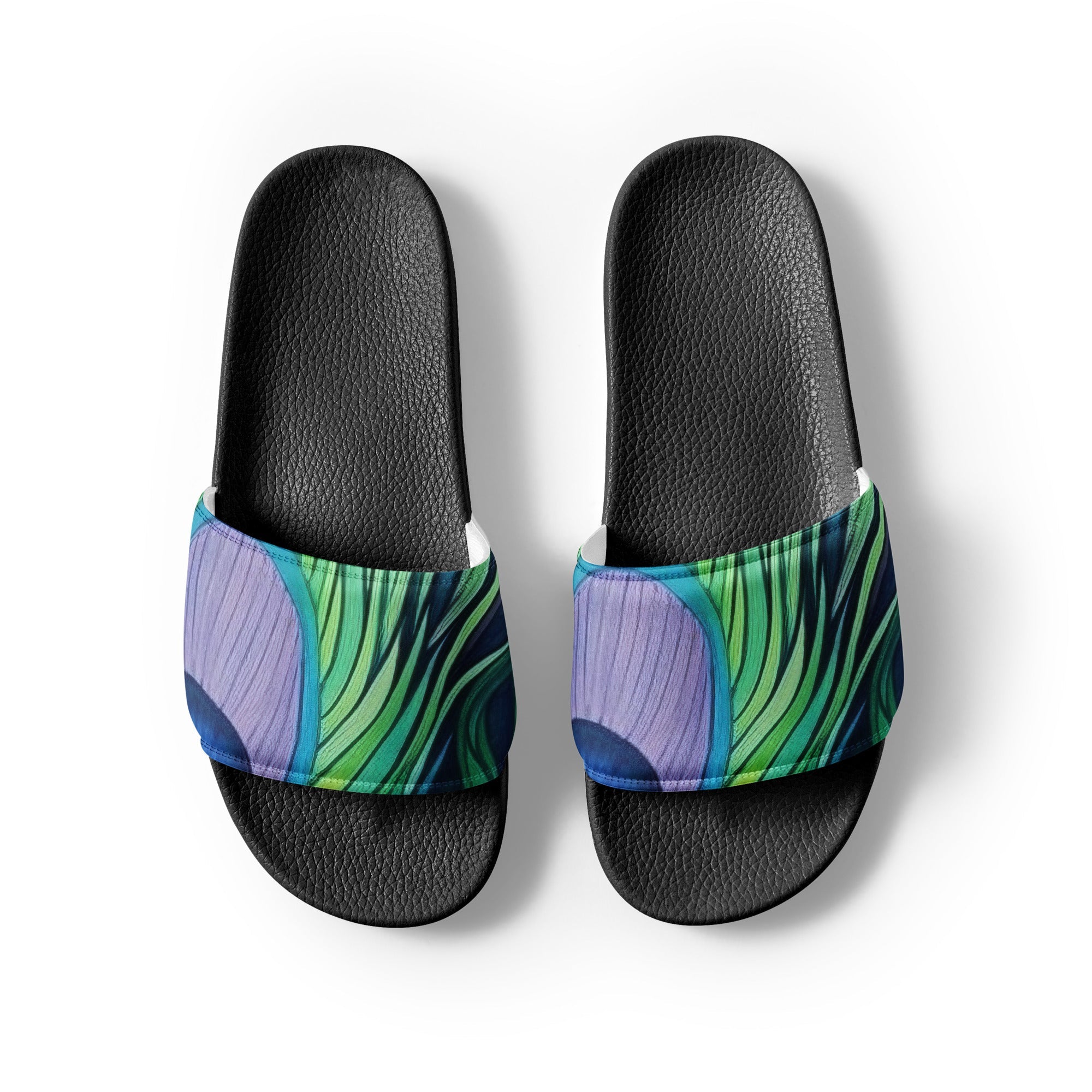 Peacock Feathers Men's Slides - Draw Inspiration by Visual Verse - Image 2