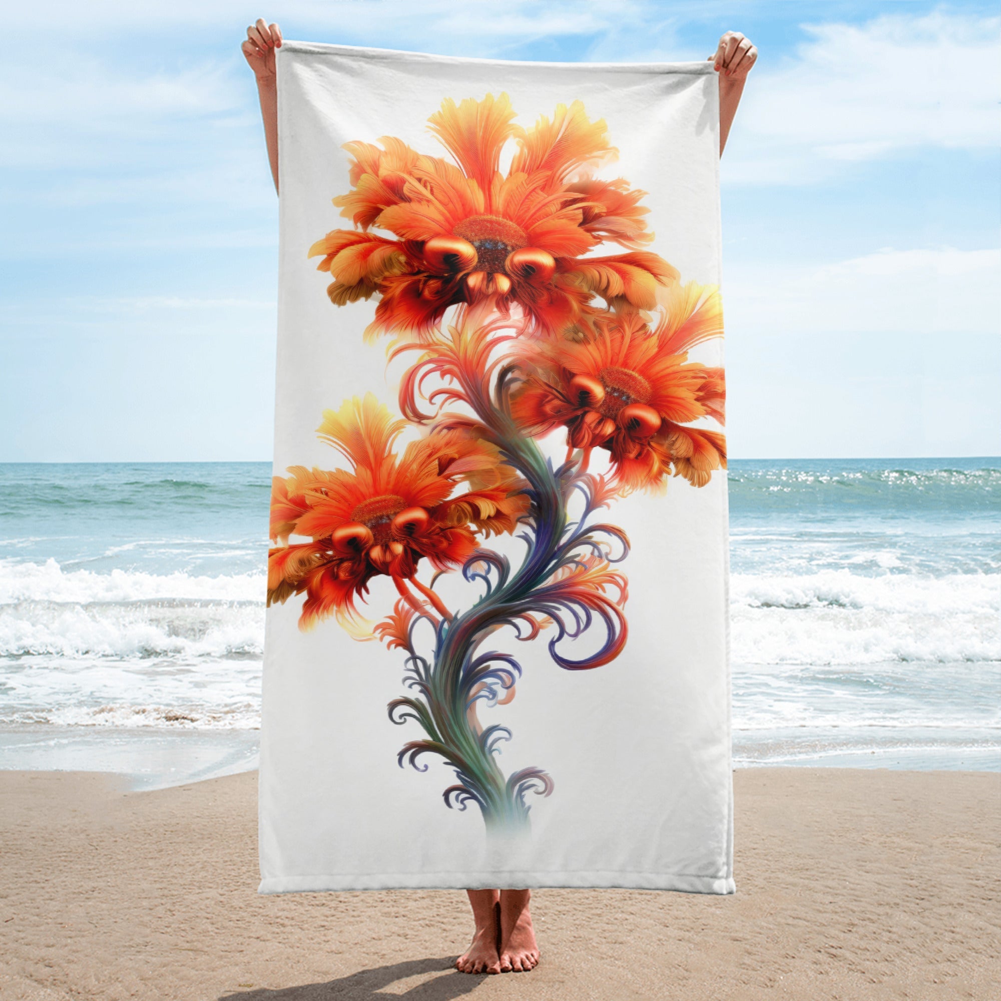 Peacock Flower Beach Towel by Visual Verse - Image 1