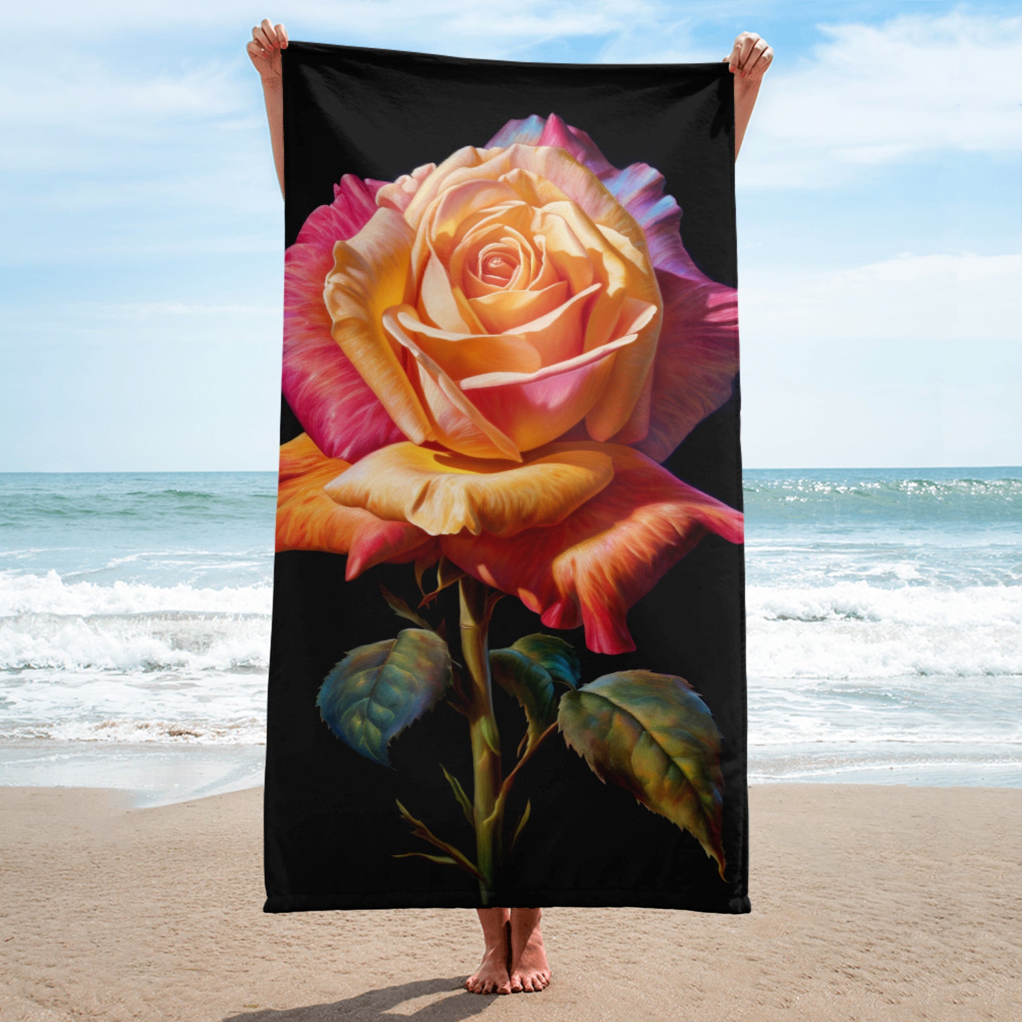 Pink Rose Flower Beach Towel by Visual Verse - Image 1