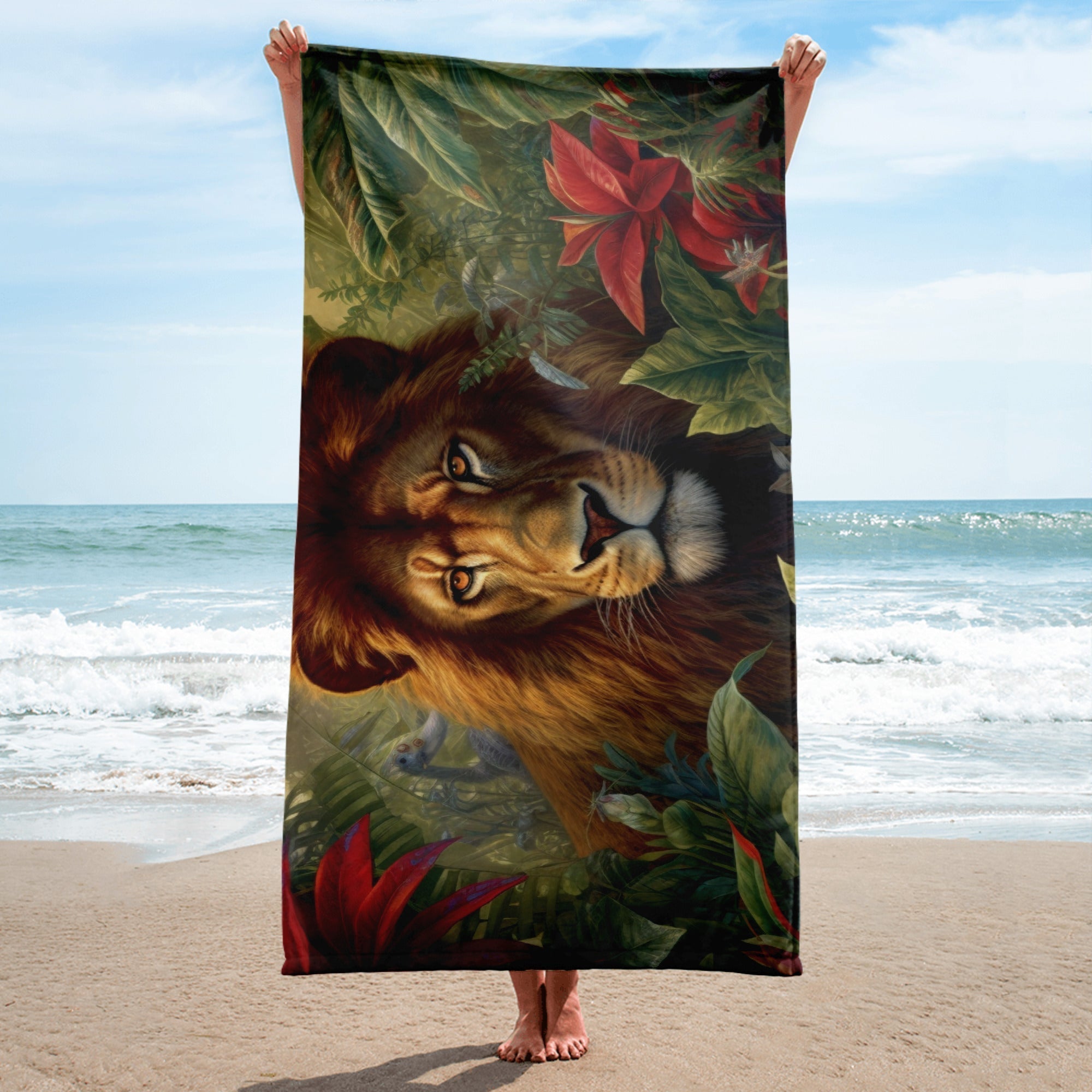 Realistic Lion Print Beach Towel by Visual Verse - Image 1