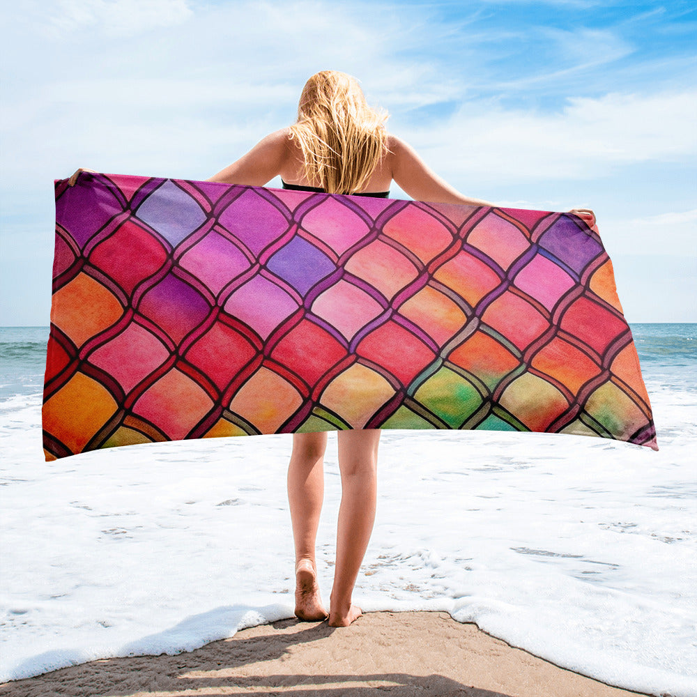 Red Rainbow Fish Scales Beach Towel by Visual Verse - Image 2