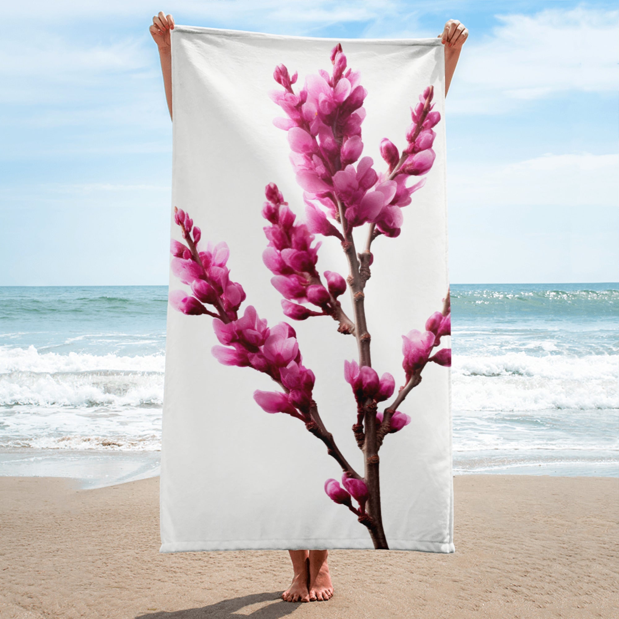 Redbud Flower Beach Towel by Visual Verse - Image 1